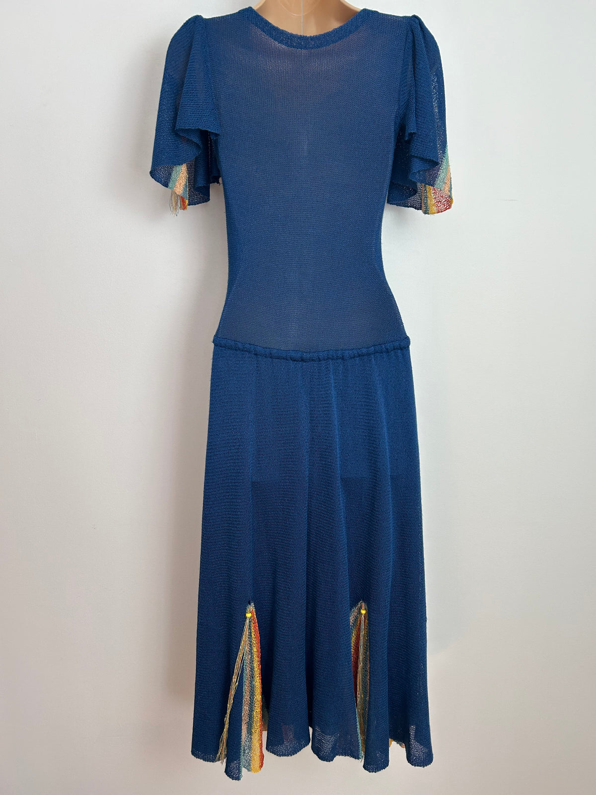 Vintage 1980s Size 8 Dark Blue Multicolour Stripe & Tassel Panels Knitted Midi Dress