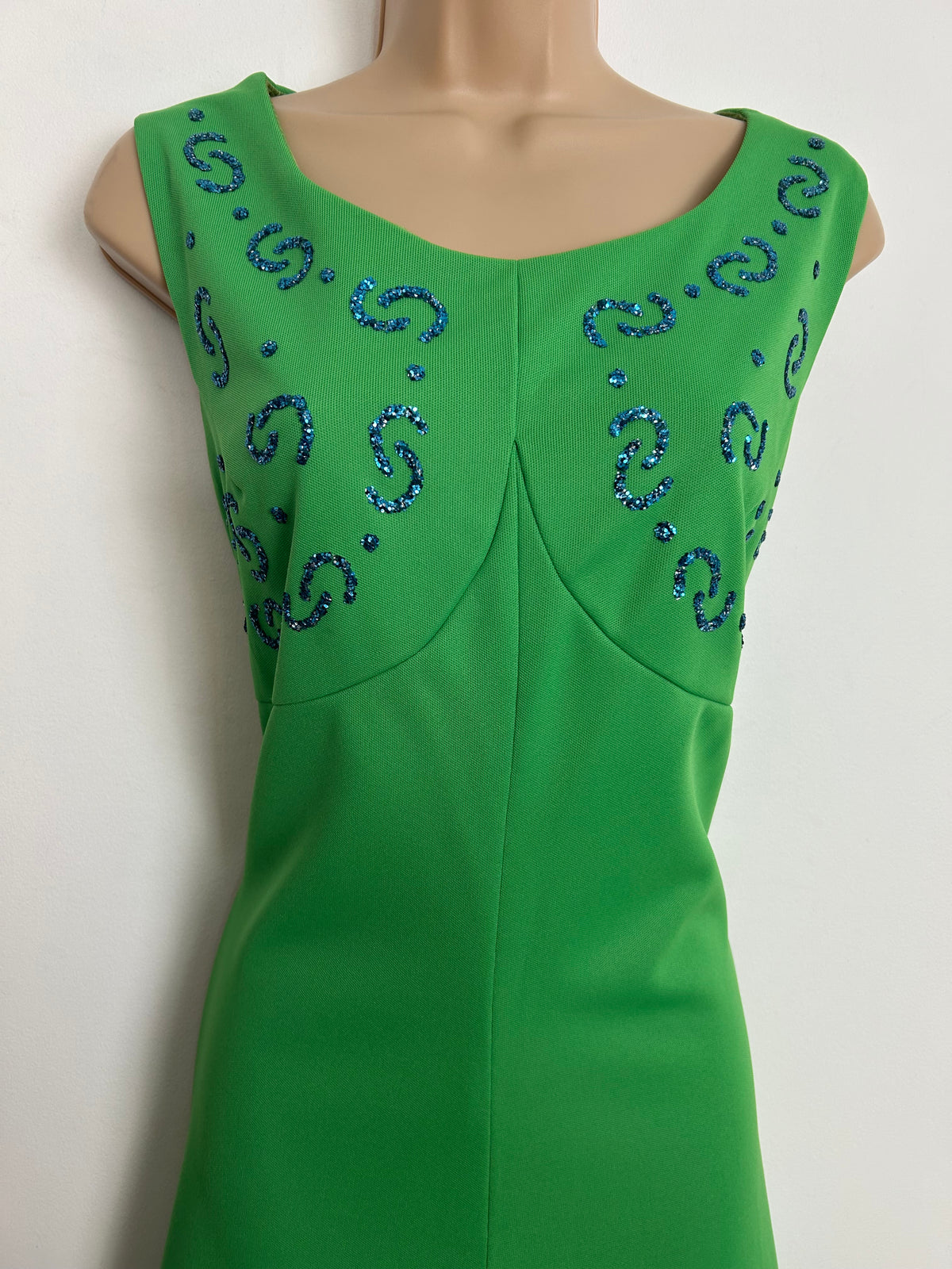 Vintage 1970s GO TO TOWN Size 12 Green Glittery Micro Sequin Embellishment Occasion Evening Maxi Dress