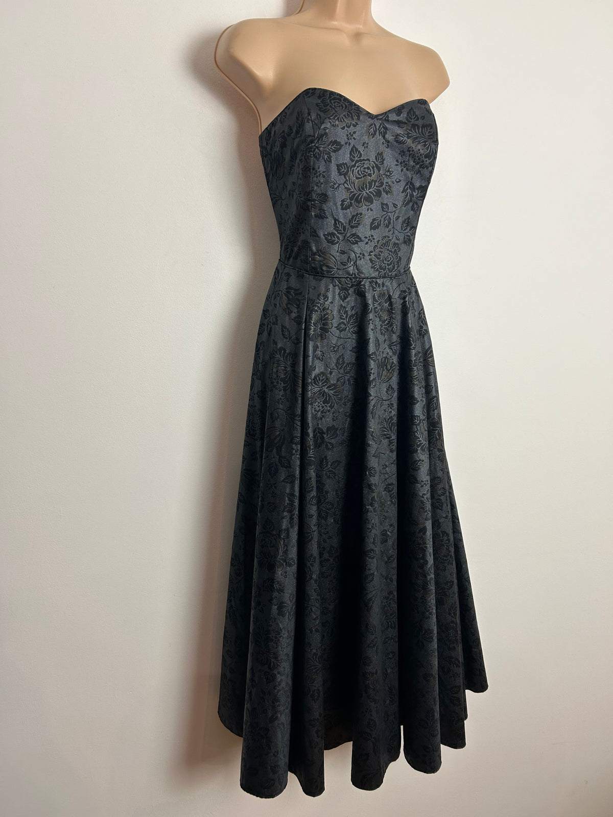 Vintage 1980s LAURA ASHLEY UK Size 10 (Size 16 On Label) Dark Grey Floral Strapless Party Dress Ballgown