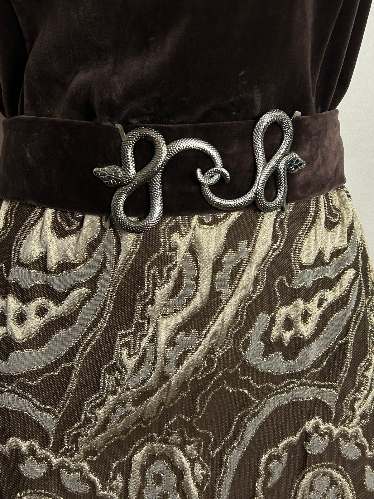 Vintage 1970s UK Size 10-12 Brown Gold & Silver Velvet & Brocade Belted Evening Maxi Dress