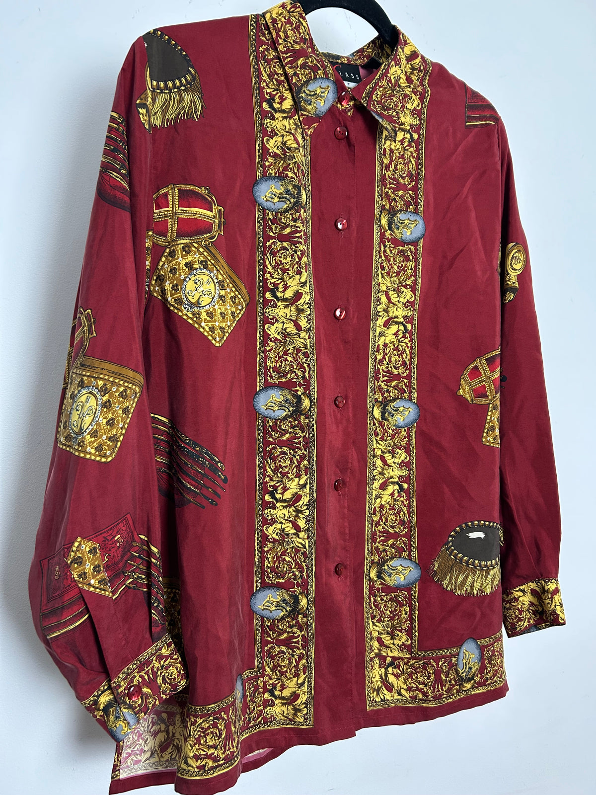 Vintage 1980s INTERCHIC Size 14-16 Maroon Baroque Print 100% Silk Shirt