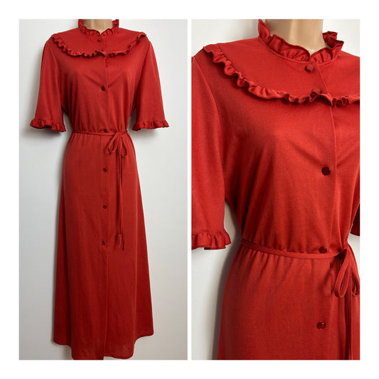 Vintage Early 1980s ST MICHAEL Size 16 Rust Short Sleeve Ruffle Trim Belted Housecoat