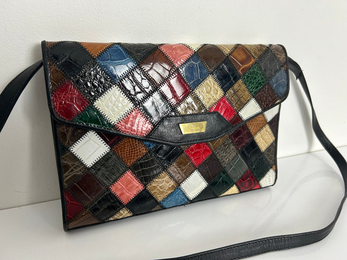 Vintage 1980s Black & Multicolour Patchwork Effect Shoulder Bag