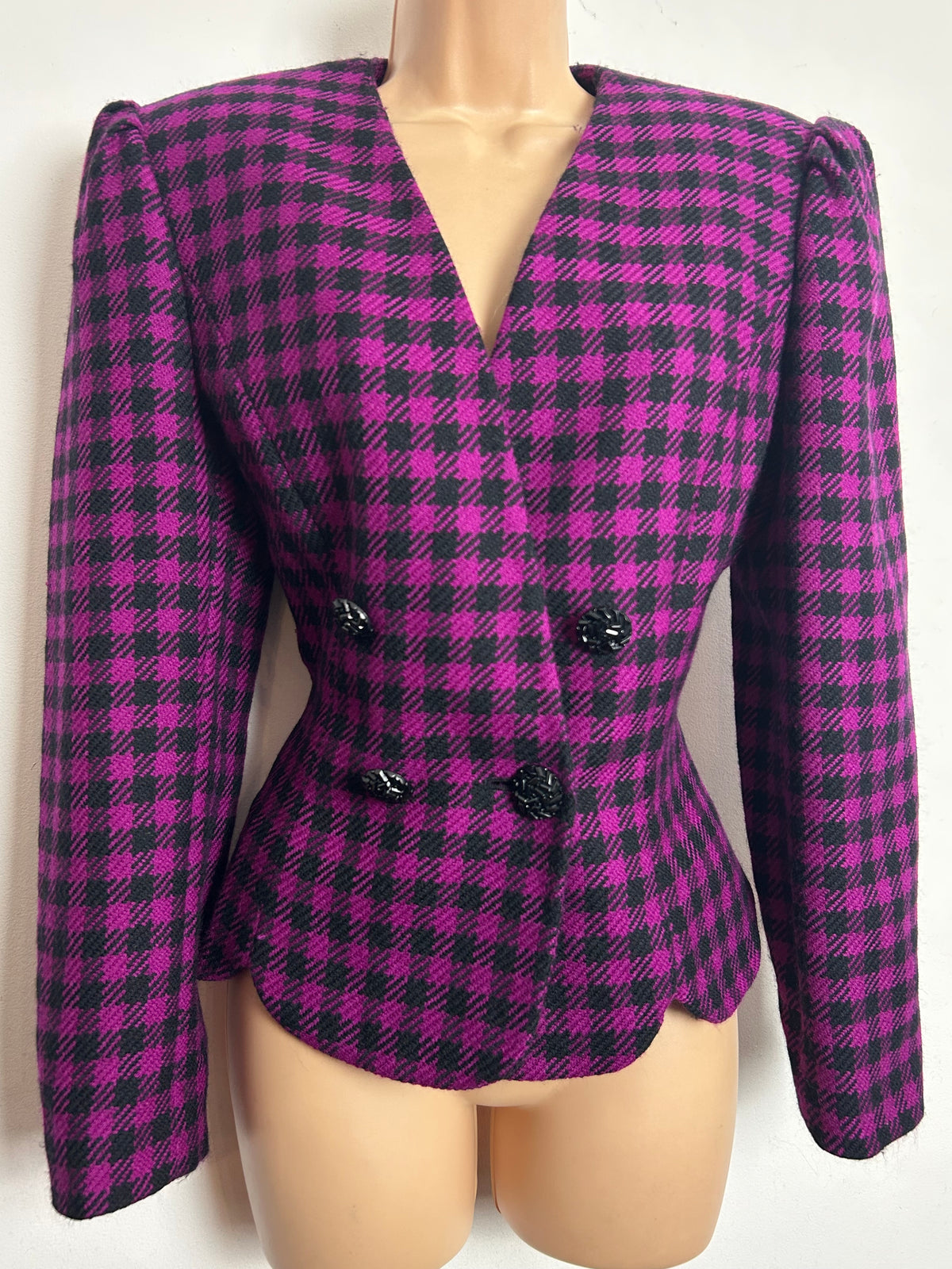 Vintage 1980s ALBERT NIPON Size 10 Dark Pink & Black Check 100% Wool Double Breasted Fitted Jacket
