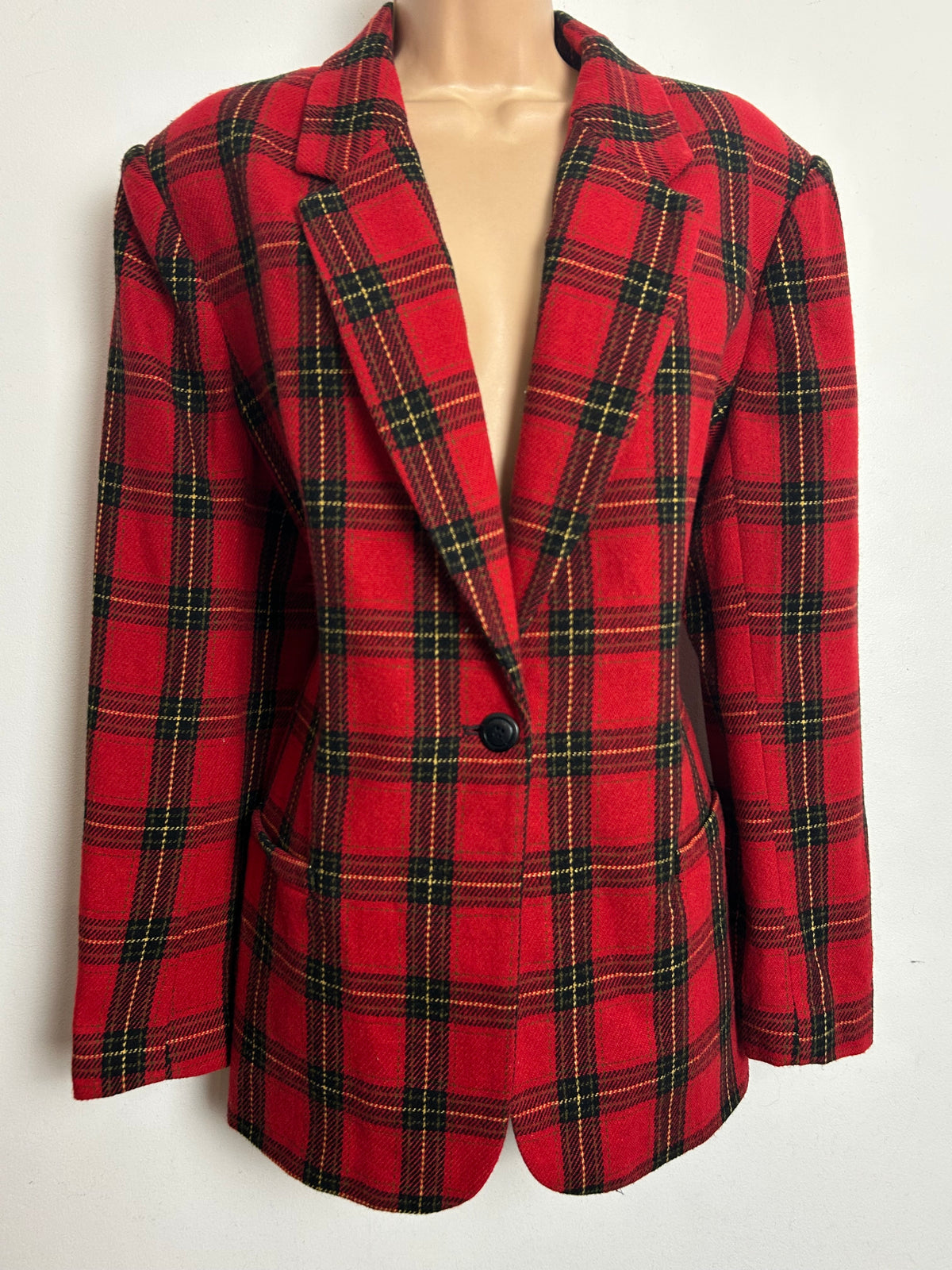 Vintage 1980s WHITE STAG Size 12-14 Red Tartan Check Wool Blend Blazer