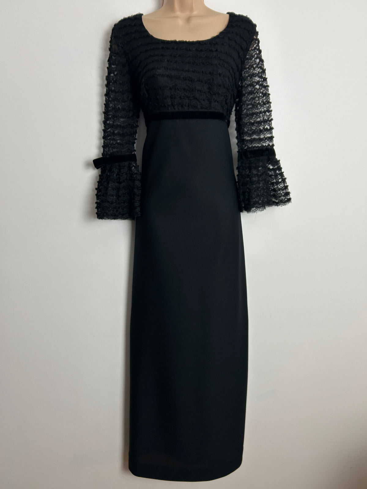 Vintage Late 1960s CHARMONT OF LONDON UK Size 10 Black Lace Bodice Empire Line Boho Occasion Maxi Dress