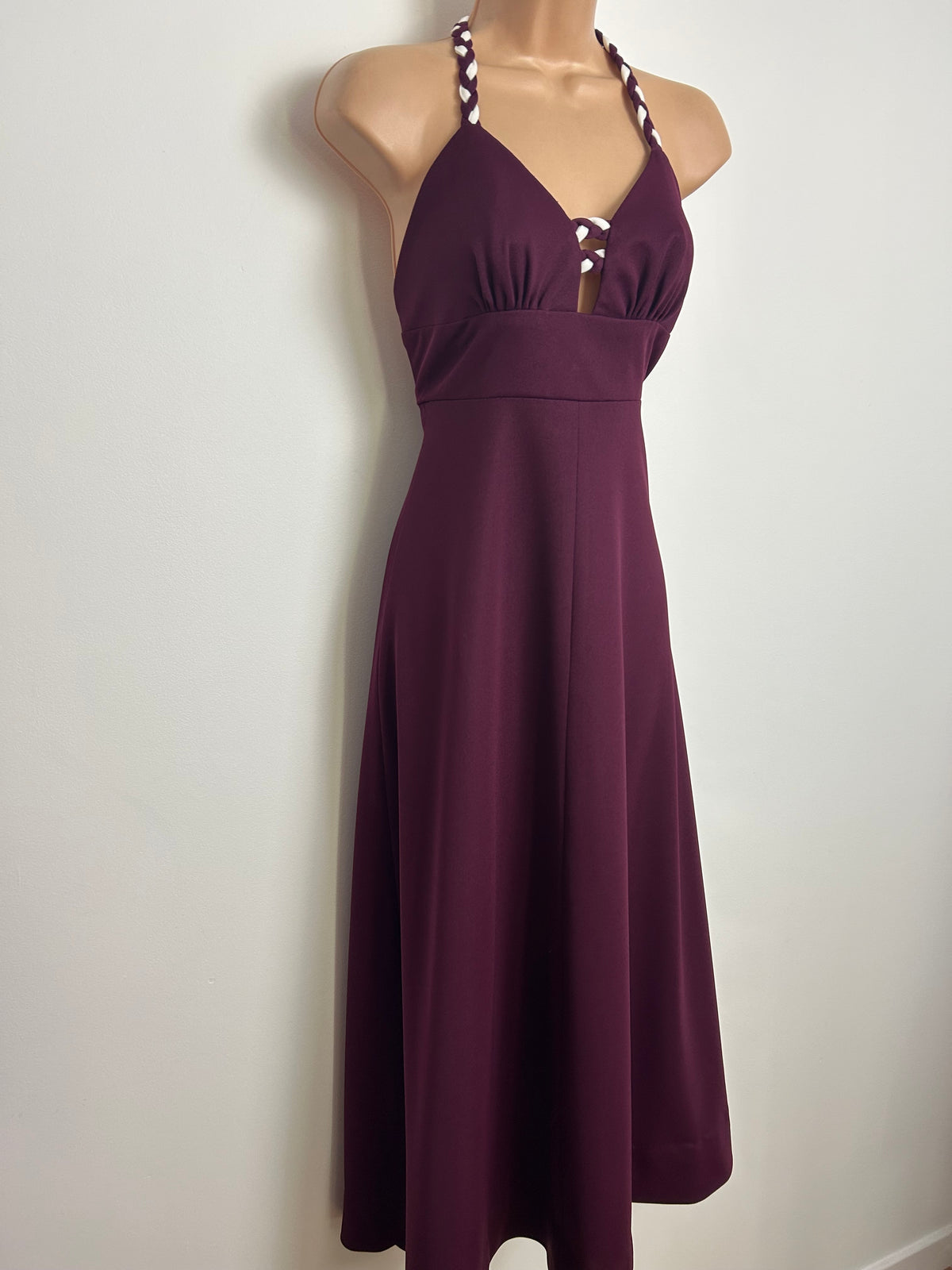 Vintage 1970s PEGGY PAGE Size 6-8 Plum Purple Plaited Strap Detail Maxi Dress