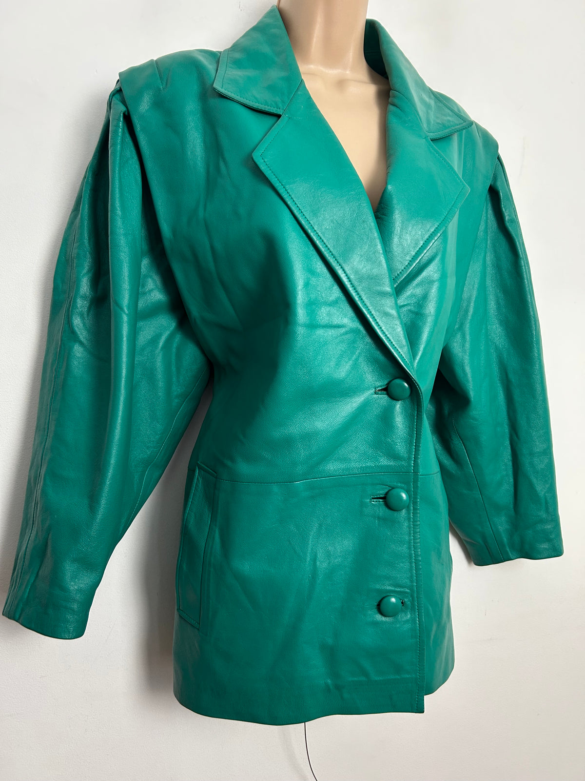 Vintage 1980s UK Size 14 Jade Green Oversized Leather Jacket/Coat