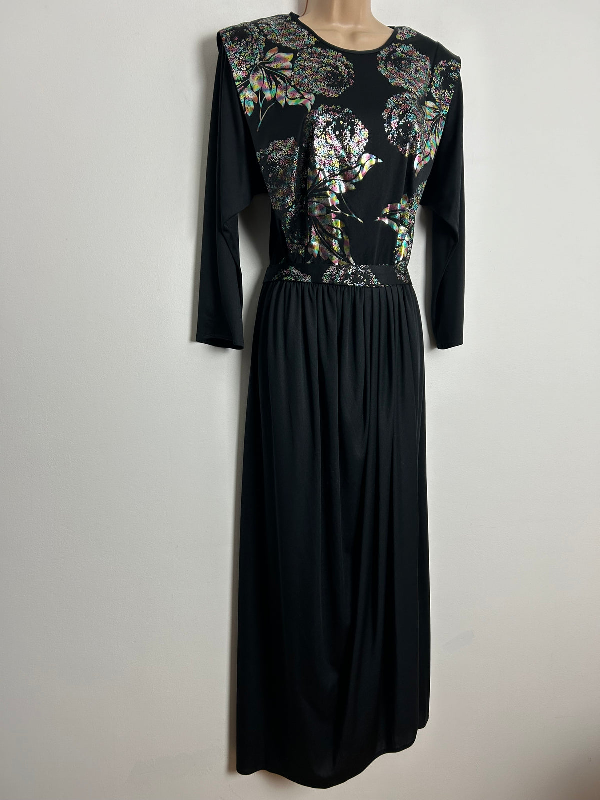 Vintage 1980s UK Size 10 Black & Metallic Silver Blue & Pink Floral Pattern Long Sleeve Belted Evening Dress