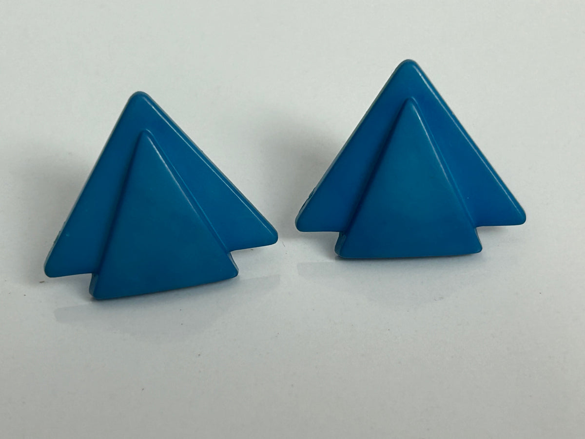 Vintage 1980s Blue Plastic Triangular Shaped Art Deco Style Clip On Earrings