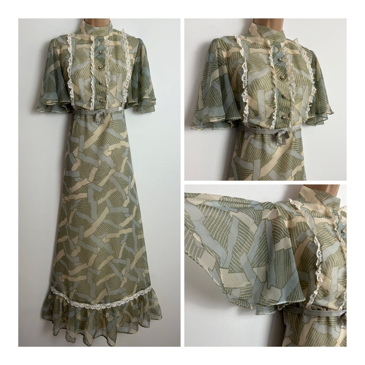 Vintage 1970s Size 8-10 Pretty Sage Green Abstract Print Lace Trim Prairie Boho Maxi Dress