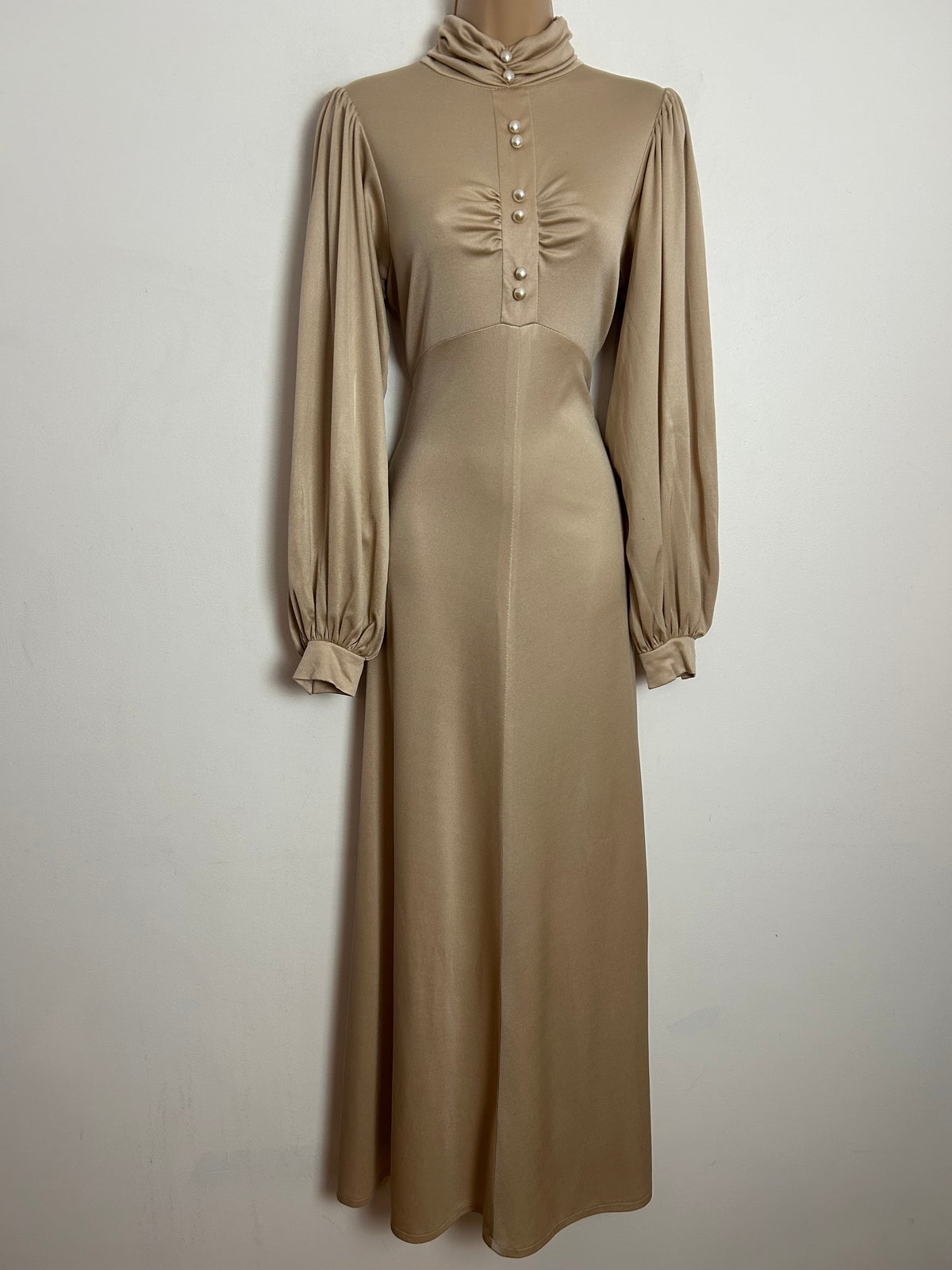 Vintage 1970s TINA WARREN UK Size 10 Cream High Neck Long Balloon Sleeve Maxi Dress