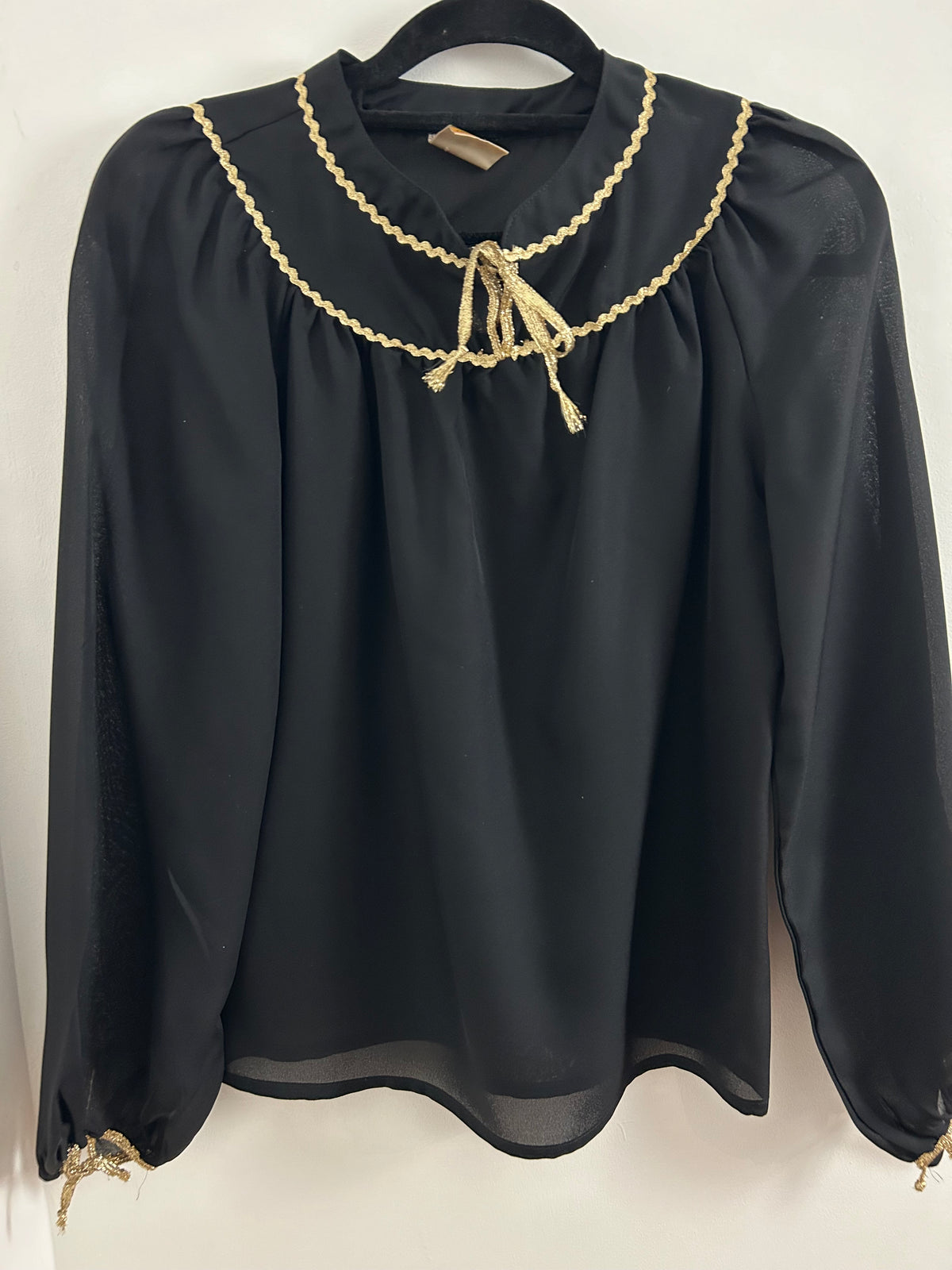 Vintage 1980s CECILE DE REVE UK Size 10-12 Black Semi Sheer Chiffon Gold Ric Rac Trim Blouse