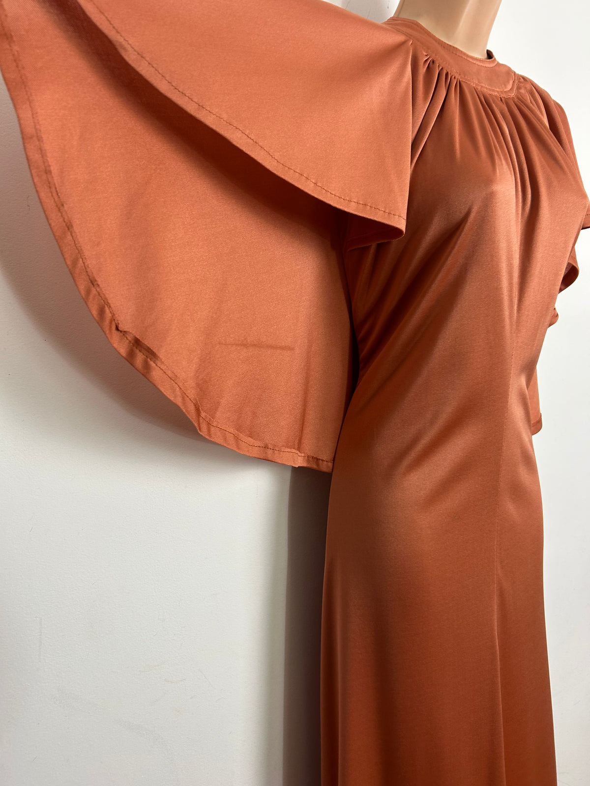 Vintage 1970s Size 10 Terracotta Cape Sleeve Crimplene Maxi Dress