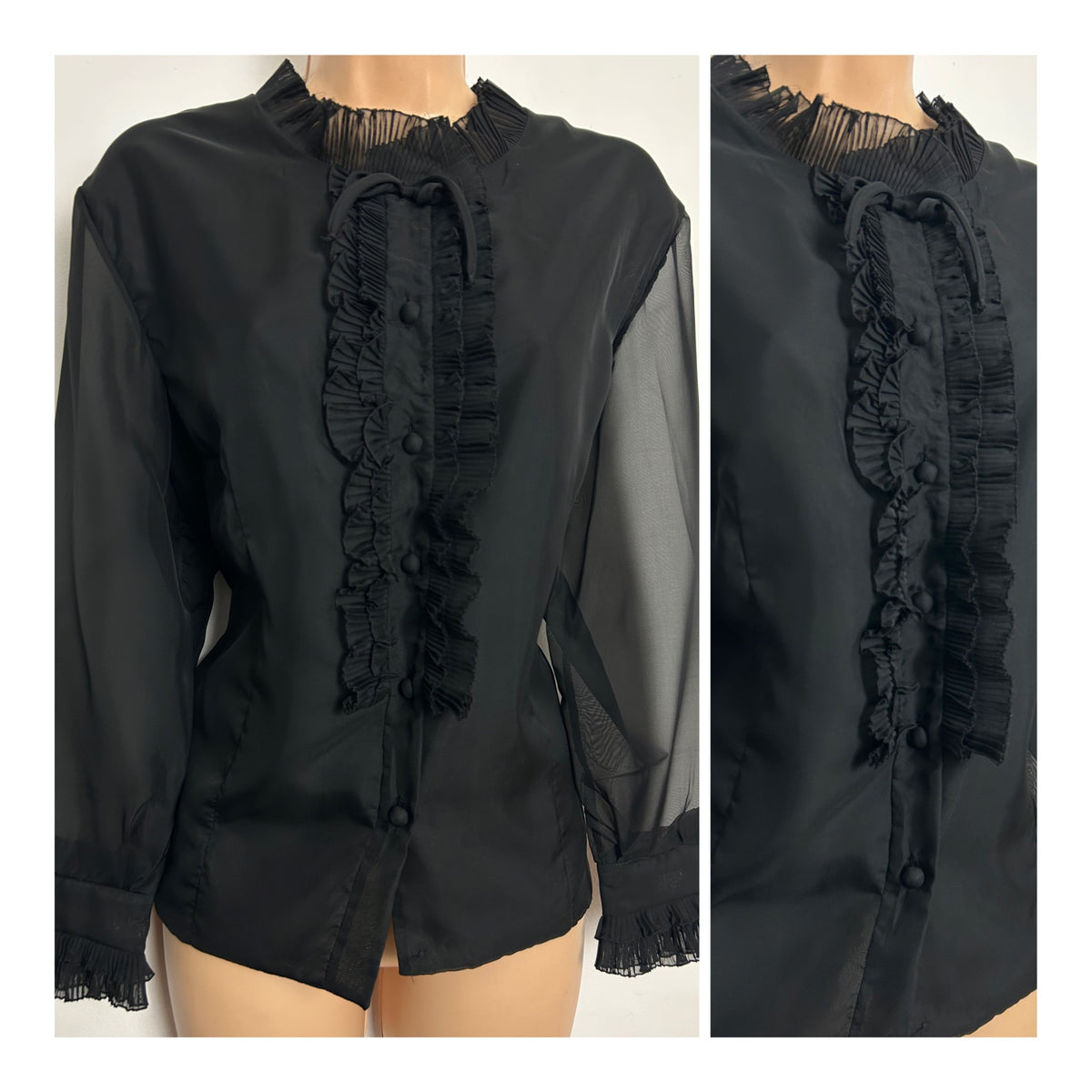 Vintage 1960s ELAMOD PARIS Size 16 Black Ruffle Trim Bow Detail Blouse