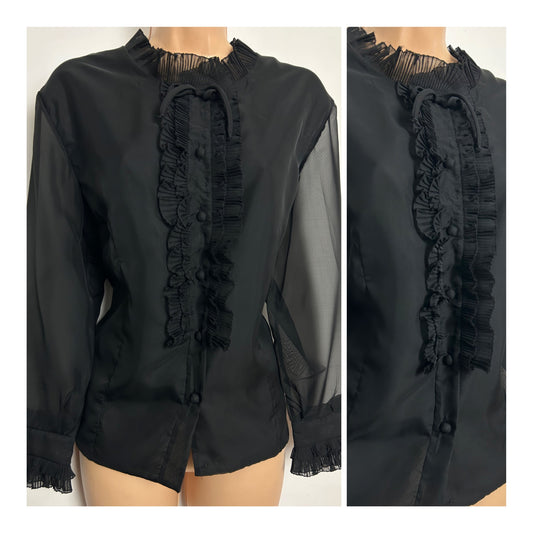 Vintage 1960s ELAMOD PARIS Size 16 Black Ruffle Trim Bow Detail Blouse