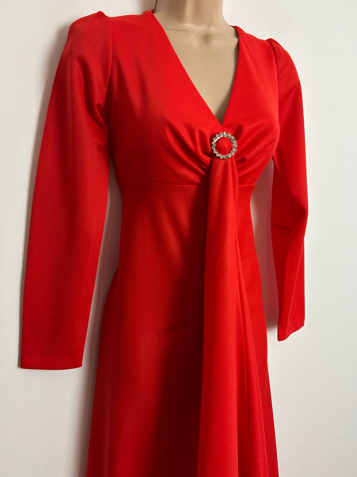 Vintage 1970s UK Size 8 Red Drape Front Long Sleeve Occasion Evening Maxi Dress