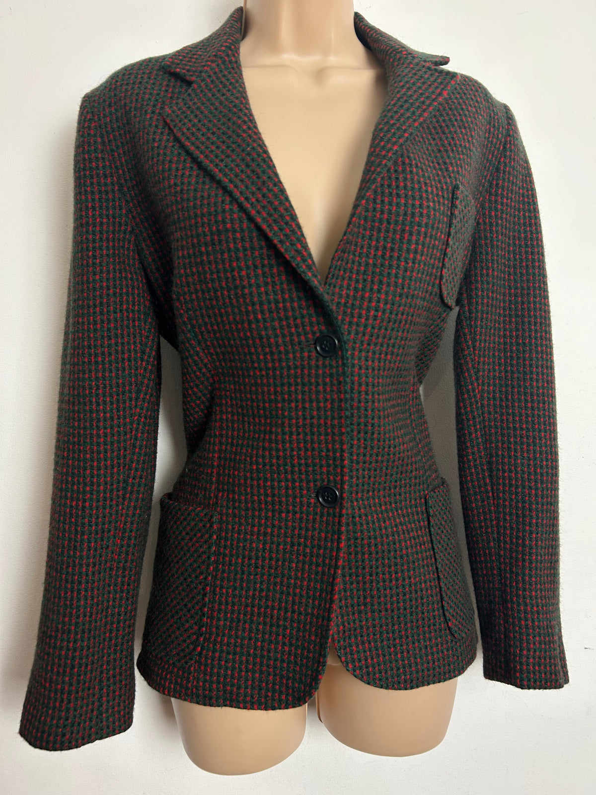 Vintage Late 70s/Early 80s YOUNG TRADITIONS Size 10-12 Dark Green & Red Tweed Check Wool Mix Blazer