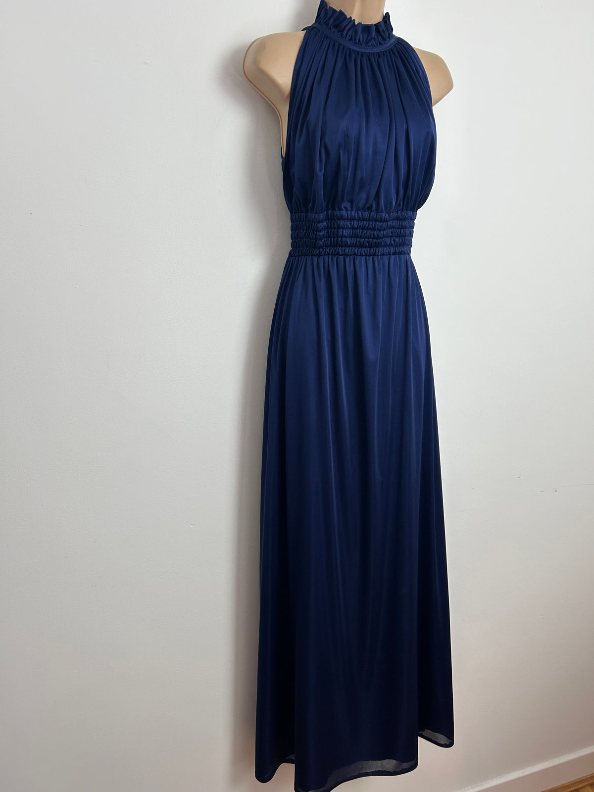 Vintage 1980s HOFFMAN Size 10 Navy Blue Sleeveless Shirred Waist Occasion Evening Maxi Dress