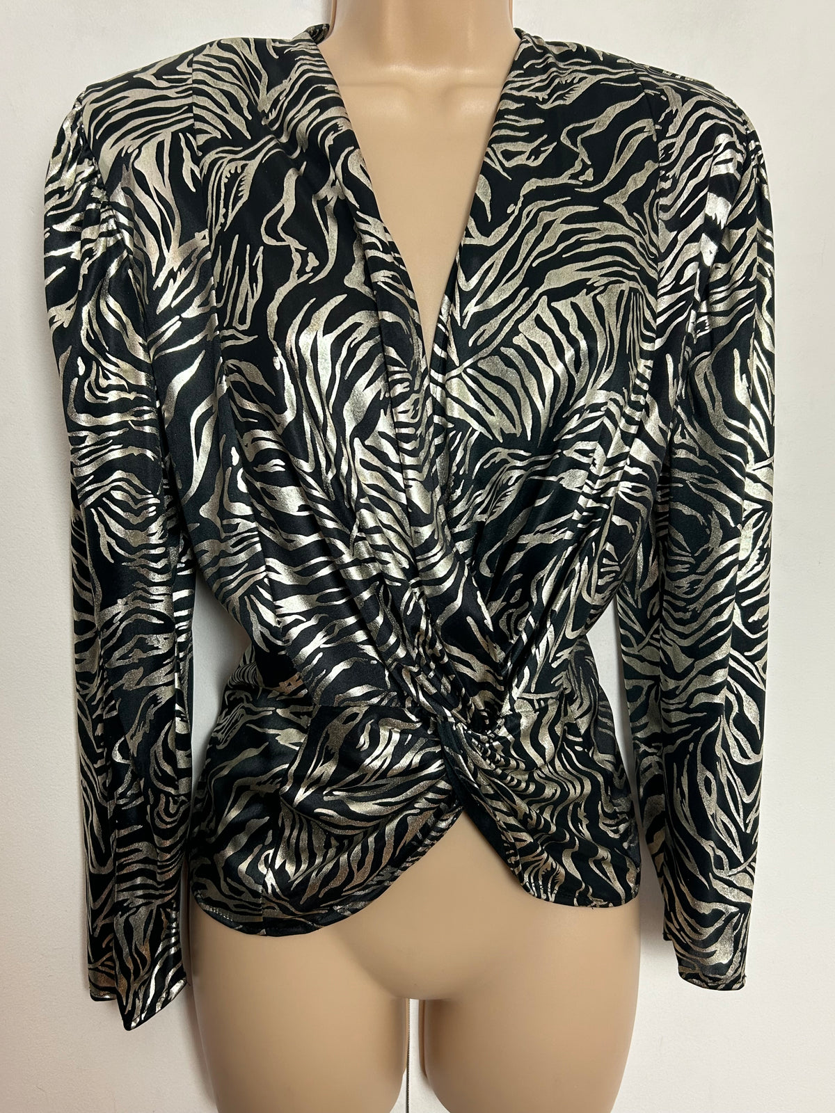 Vintage 1980s C&A UK Size 14-16 Black & Silver Lame Zebra Print Knot Fronted Party Top