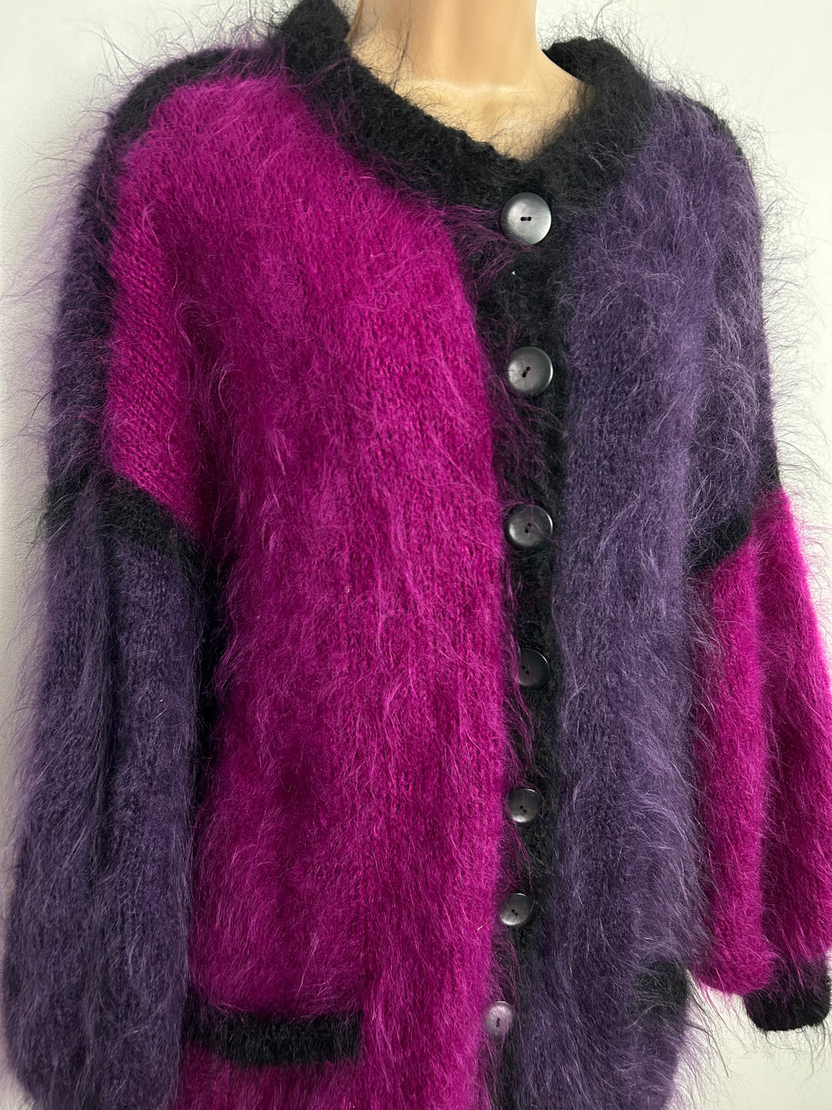 Vintage 1980s HILKE STAHL One Size Very Slouchy Purple Black & Dark Pink Mohair & Wool Long Sleeve Cardigan