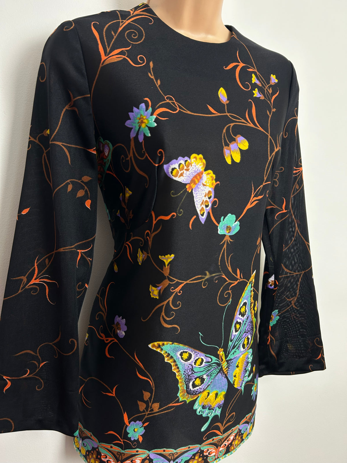 Vintage Late 1960s MODELLY Size 8-10 Black & Multicolour Butterfly Long Sleeve Tunic Style Top