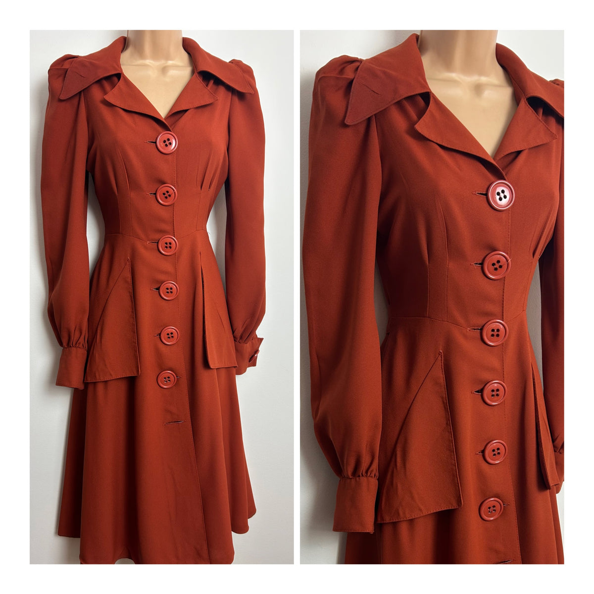 Vintage 1970s INGRID MODELL Size 8 Terracotta Dagger Collar Long Sleeve Half Belted 40s Style Dress