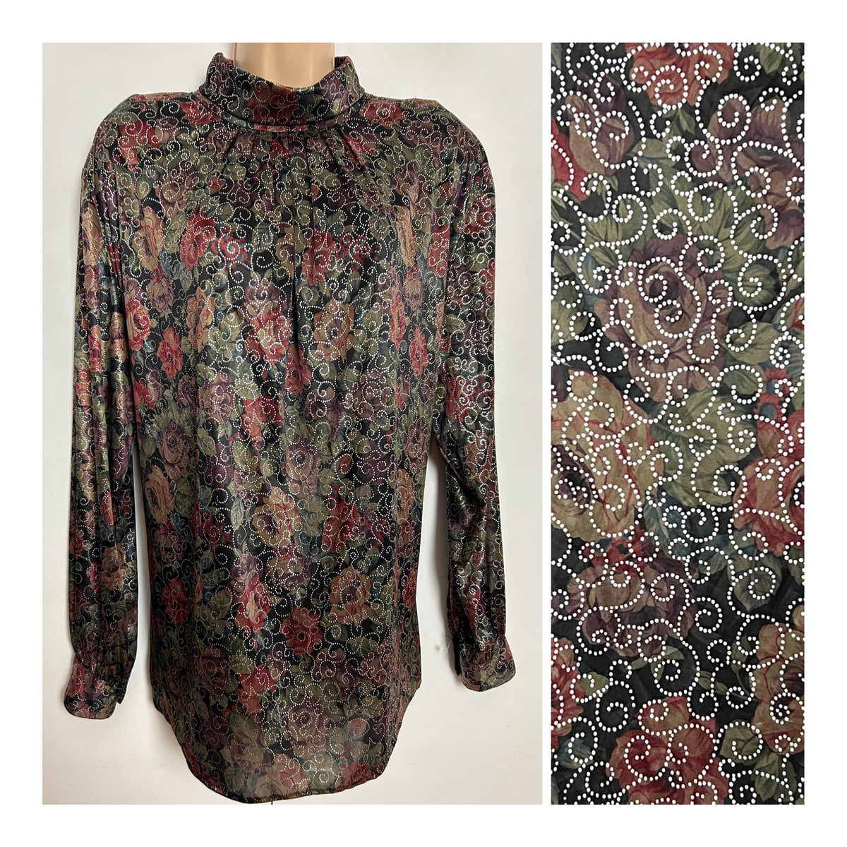 Vintage 1980s UK Size 14-16 Dark Green & Dark Red Shiny Fabric With Silver Swirly Pattern Long Sleeve Top
