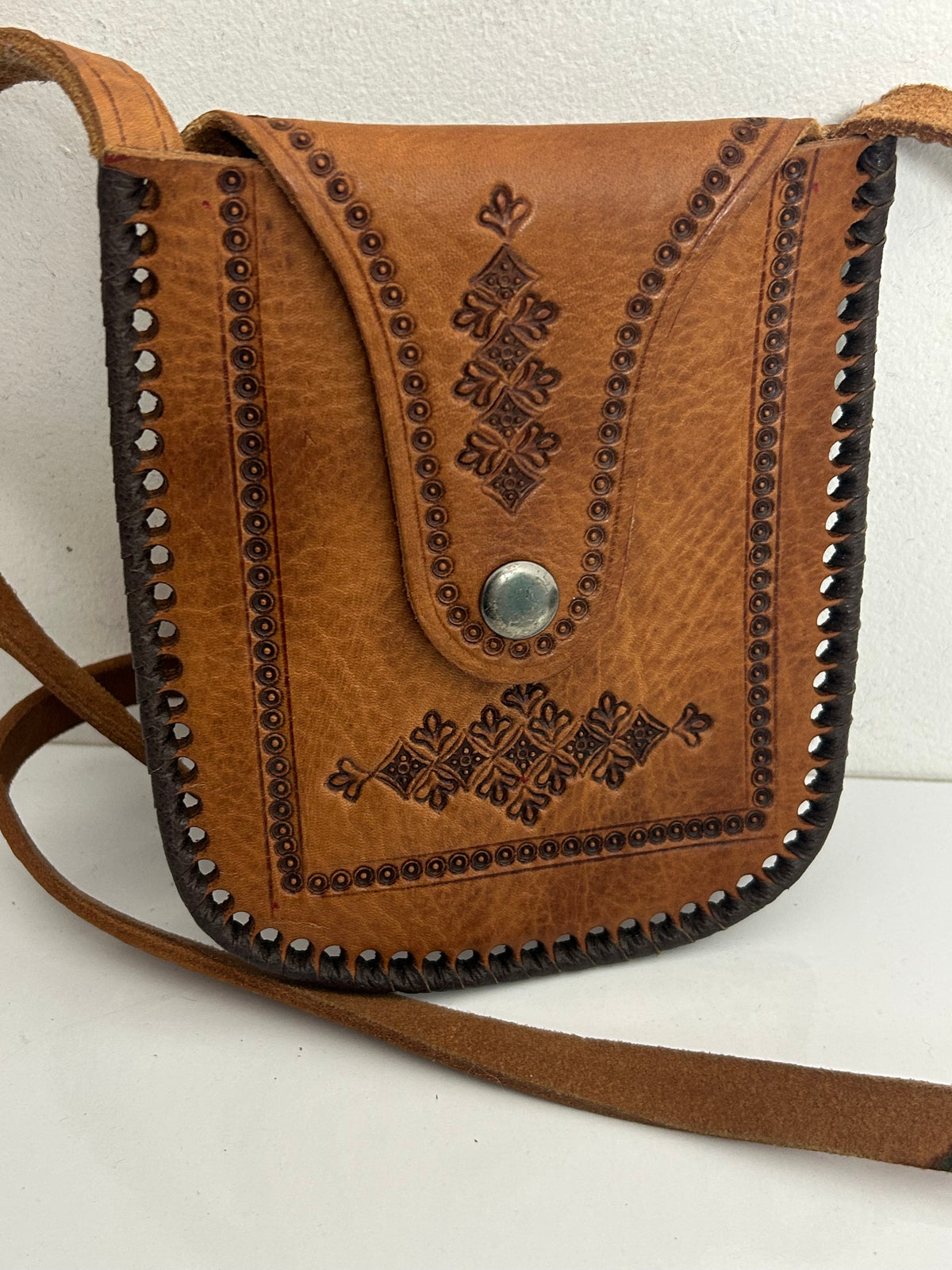Vintage Small Tan Brown Tooled Leather Crossbody Mini Bag/Purse