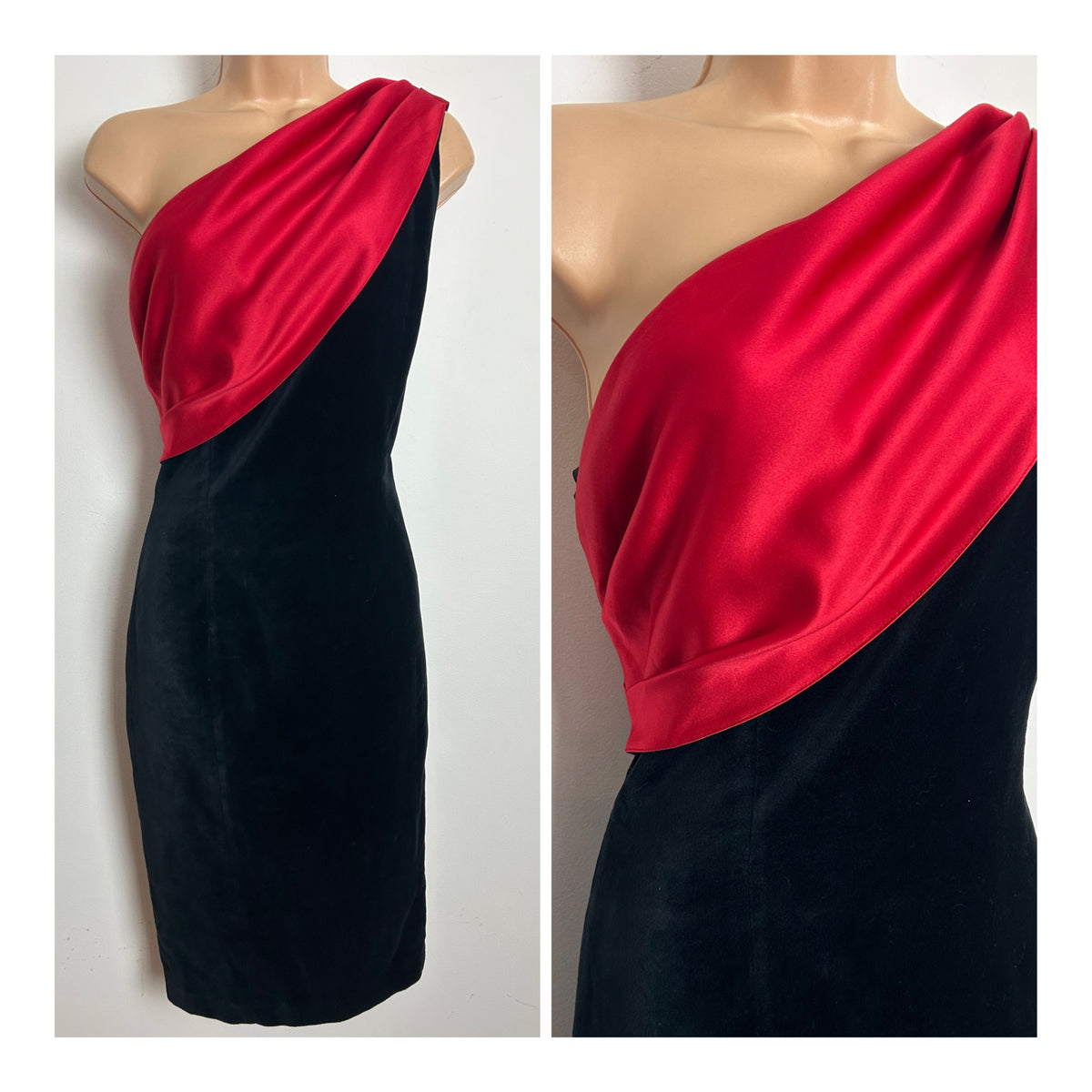 Vintage 1980s OPERA BY RICHARDS Size 12 Black Velvet & Red Satin One Shoulder Fitted Cocktail Party Dress