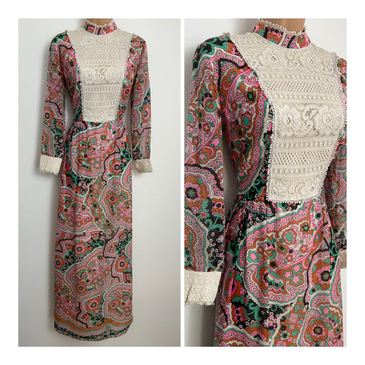 Vintage Late 1960s CALIFORNIA "THE LOOK YOU LOVE" Size 12 Pink Mint Green & White Psychedelic Boho Maxi Dress