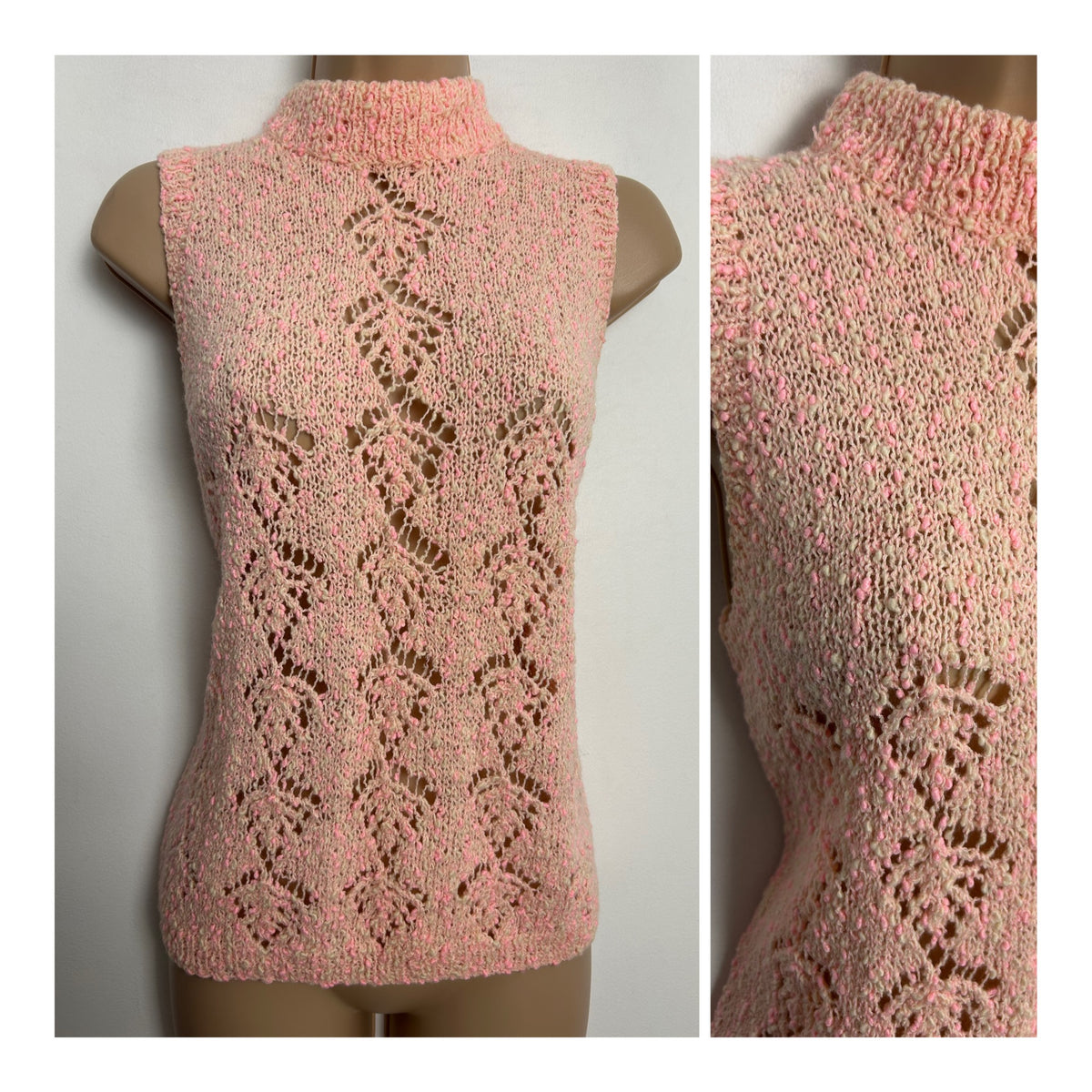 Vintage 1960s Size 10-12 Pink Tones Bobble Wool Turtle Neck Sleeveless Jumper/Tank Top