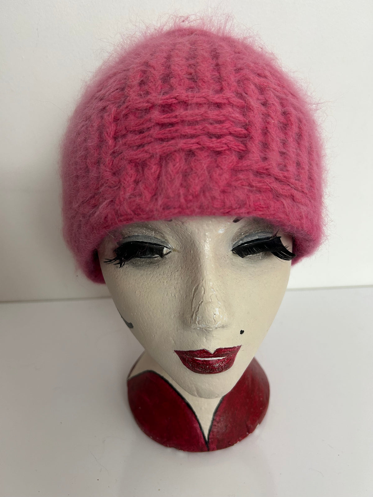 Vintage Pink Wool & Angora Mix Chunky Knit Reversible Beanie Hat