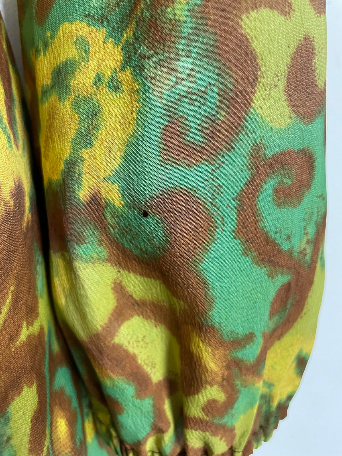 Vintage Late 1960s UK Size 10 Green Brown & Yellow Abstract Print Long Sleeve Wide Leg Keyhole Jumpsuit