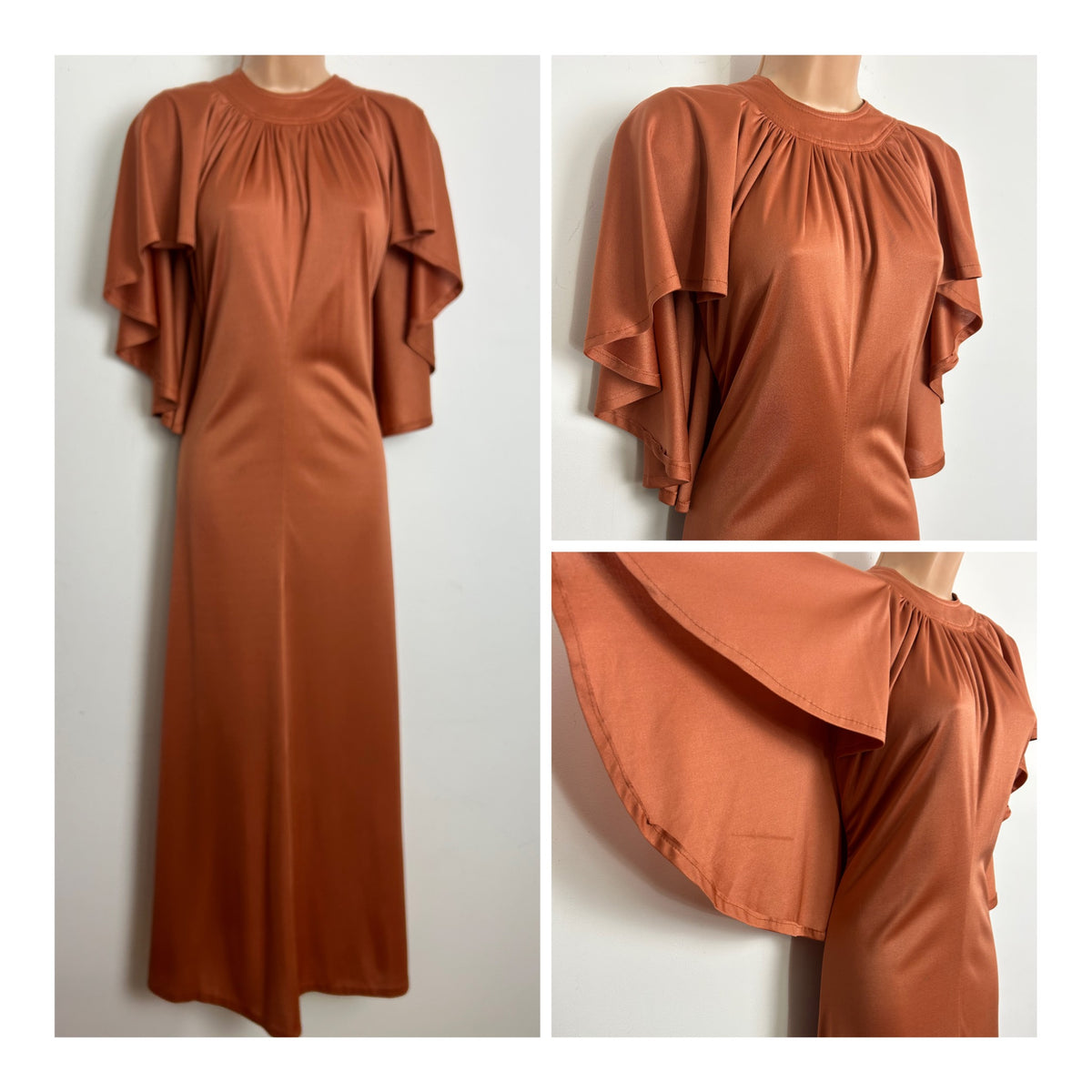 Vintage 1970s Size 10 Terracotta Cape Sleeve Crimplene Maxi Dress