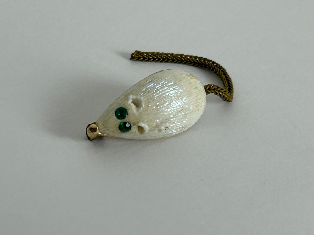 Vintage 1960s RARE Gold Tone & White Celluloid Tiny Mouse Brooch With Articulated Tail