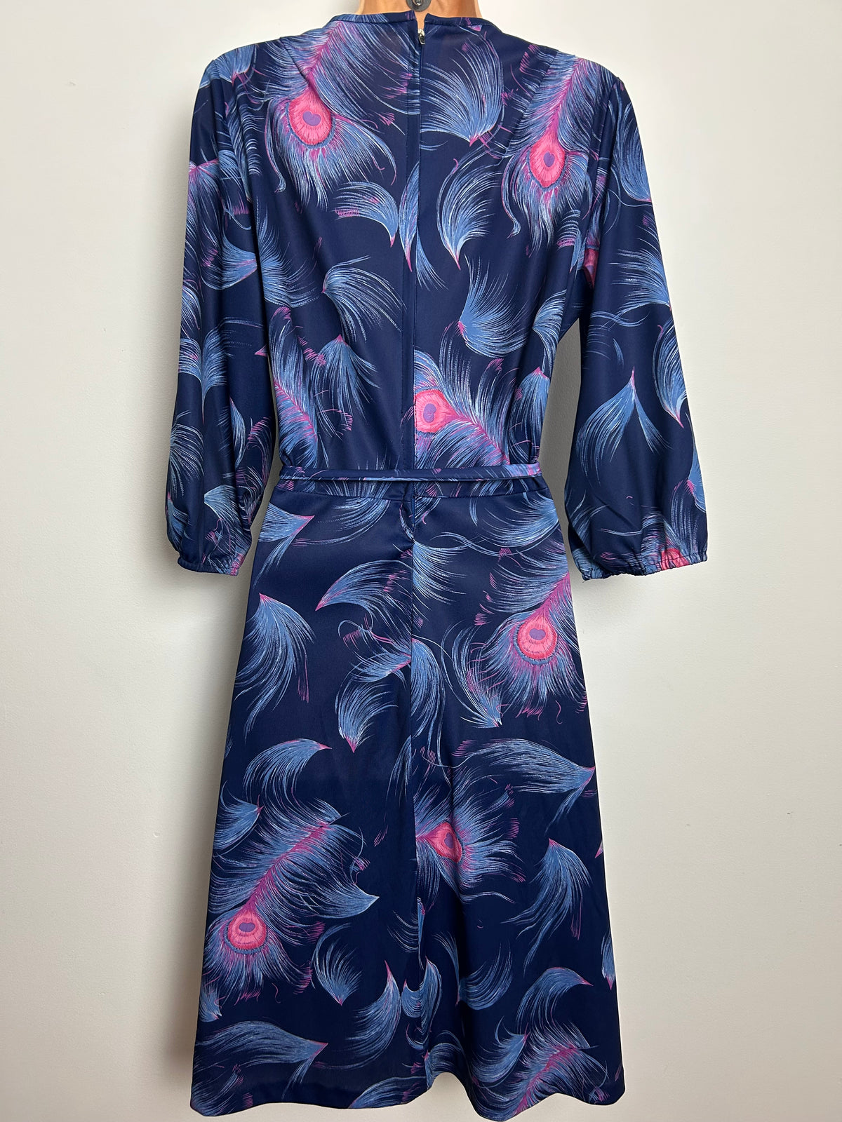 Vintage Early 1980s HEATHER VALLEY Size 14 Navy Blue & Pink Peacock Feather Belted Day Dress