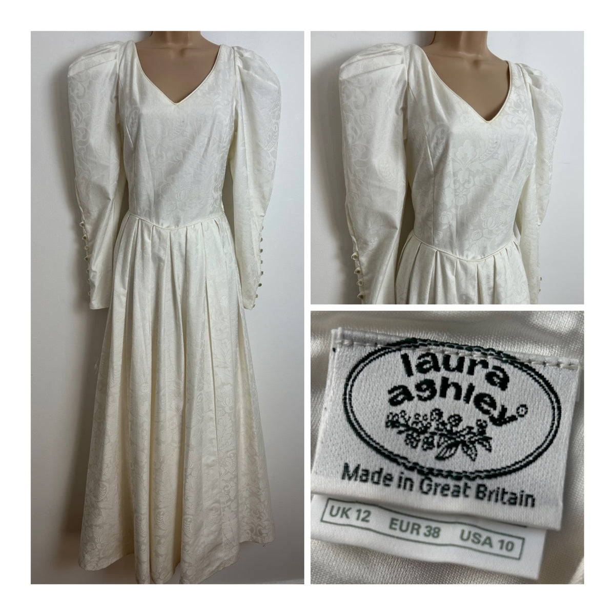 Vintage 1980s LAURA ASHLEY Size 8 (Size 12 On Label) Cream Damask Leg Of Mutton Sleeve Wedding Dress