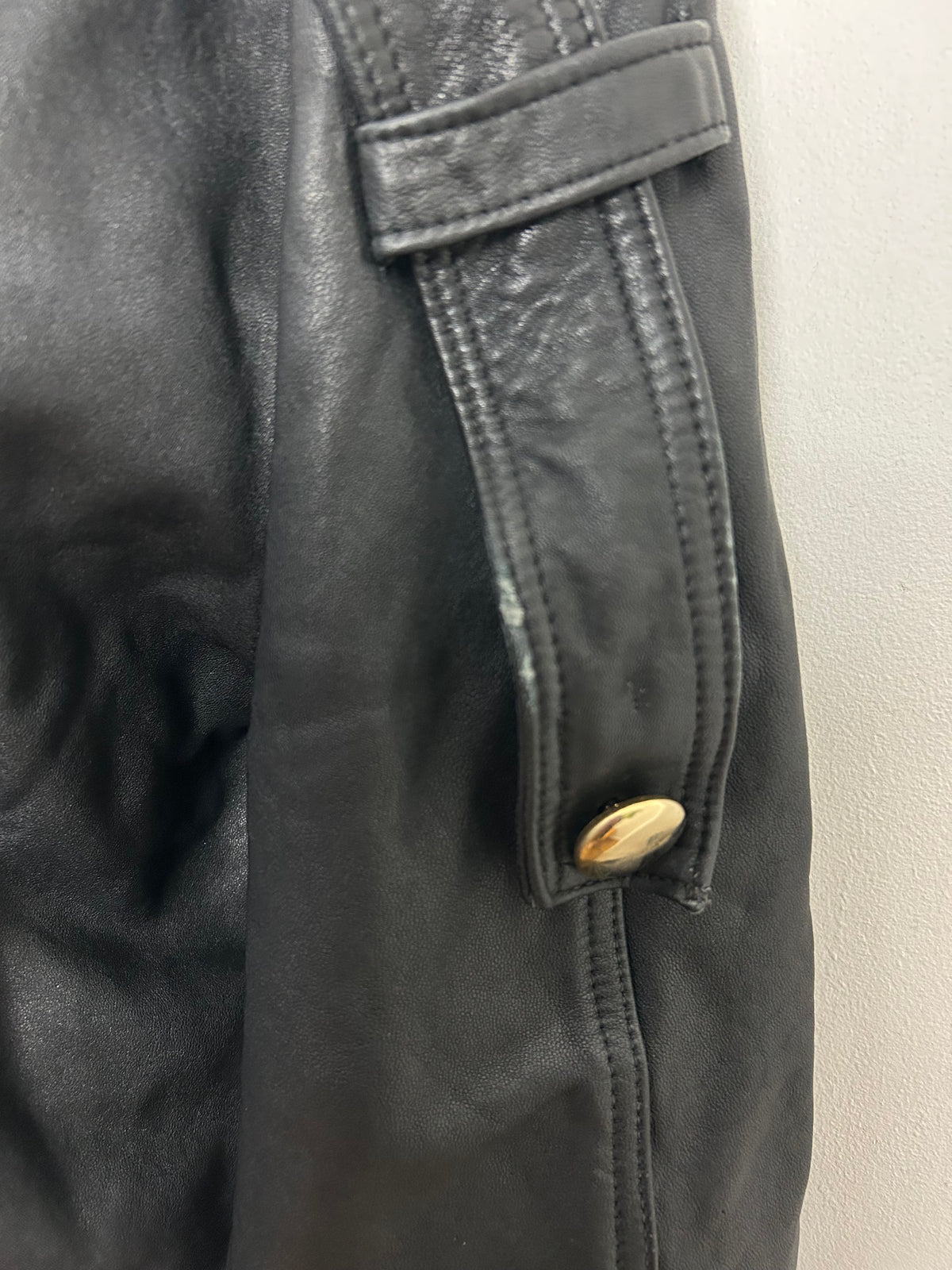 Vintage 1980s UK Size S (10) Black Military Style Open Fronted Button Detail Cropped Leather Jacket