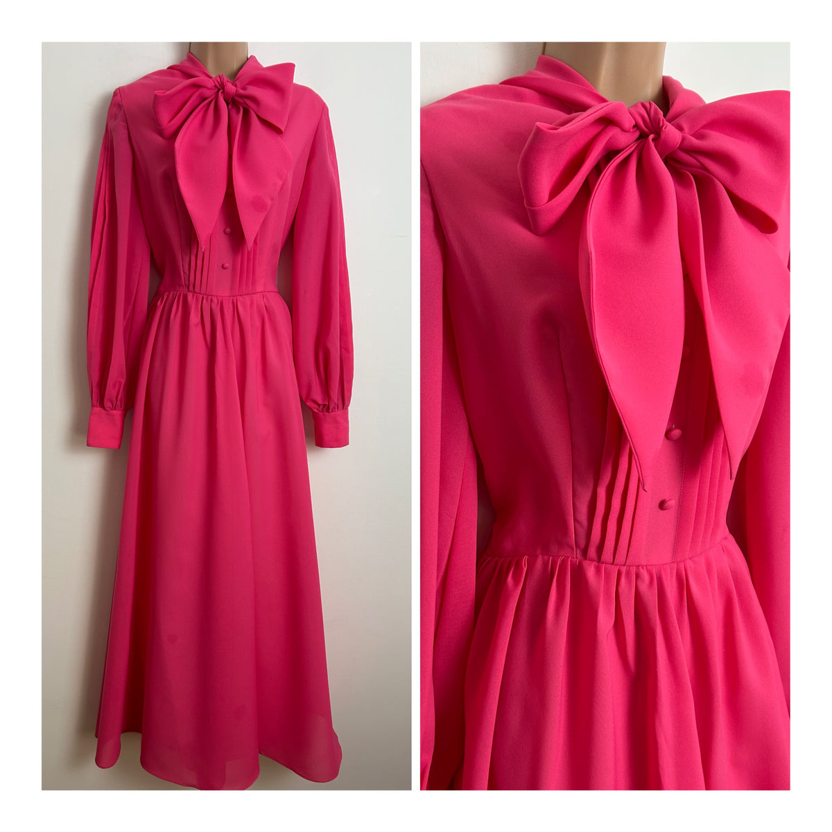 Vintage 1970s FASHION TREND Size 8 Candy Pink Long Pleated Sleeve Pussy Bow Maxi Dress