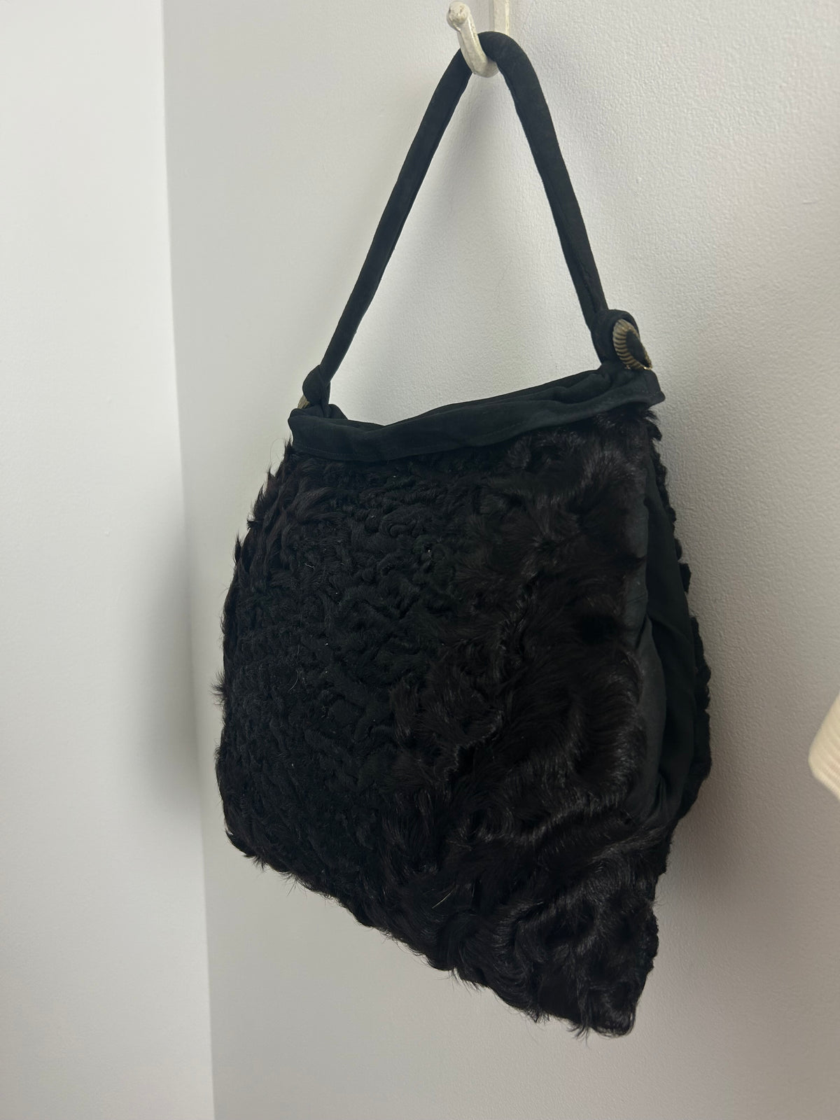 Vintage 1940s Black Persian Lamb & Suede Muff Handwarmer Handbag