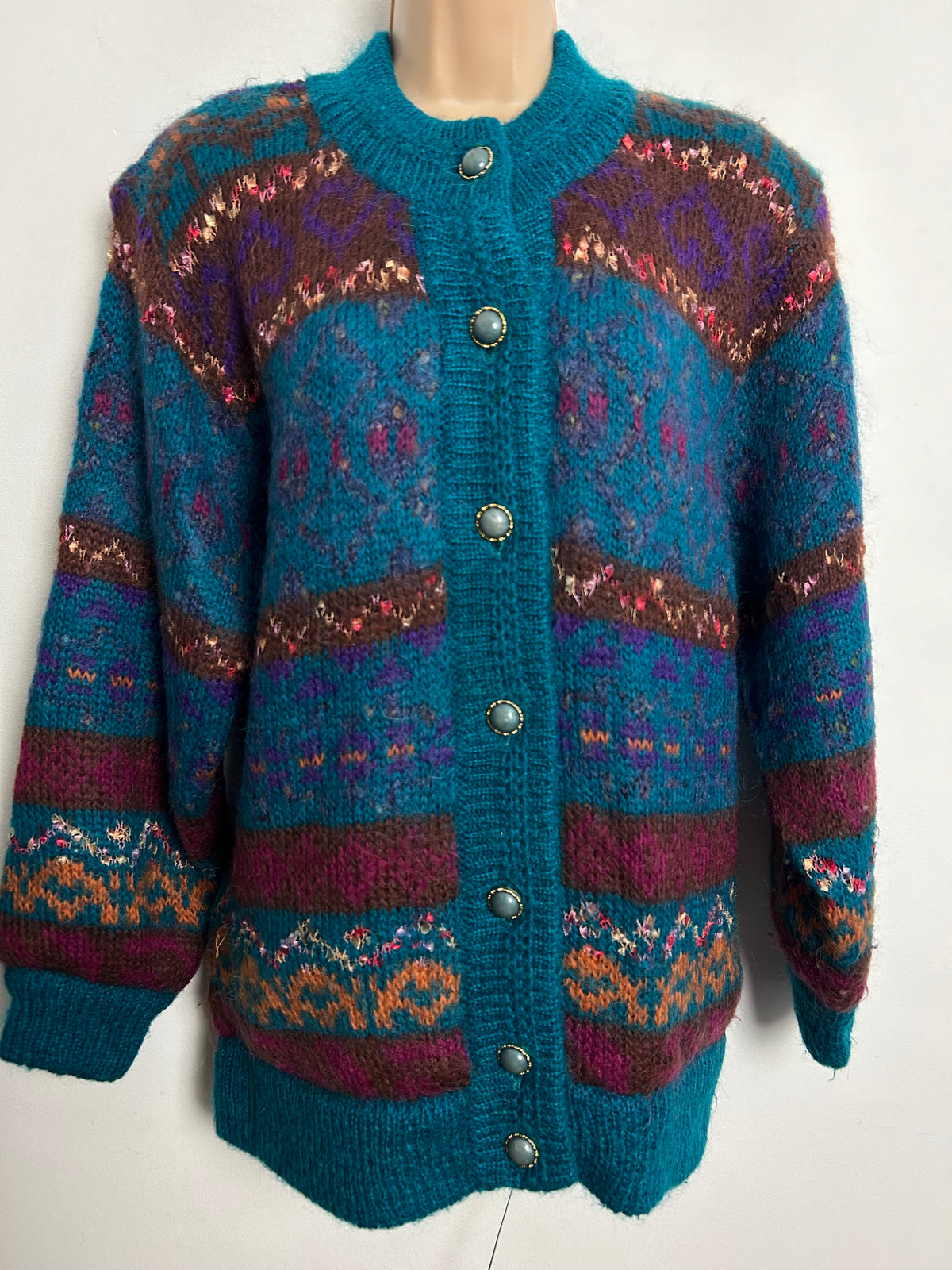 Vintage 1980s Size Large Teal Pattern Mohair & Wool Mix Cardigan