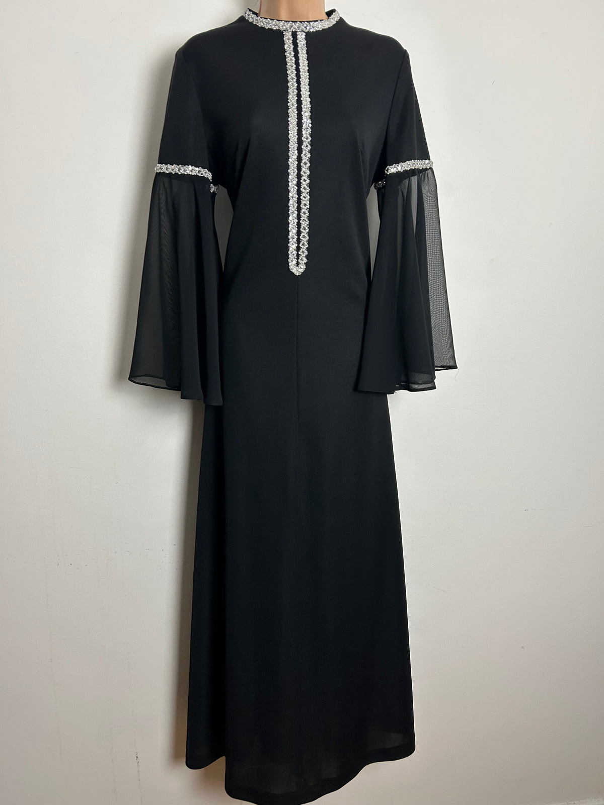 Vintage 1970s CLIFTON Size 14 Black & Silver Braid Trim Flared Chiffon Sleeve Evening Maxi Dress