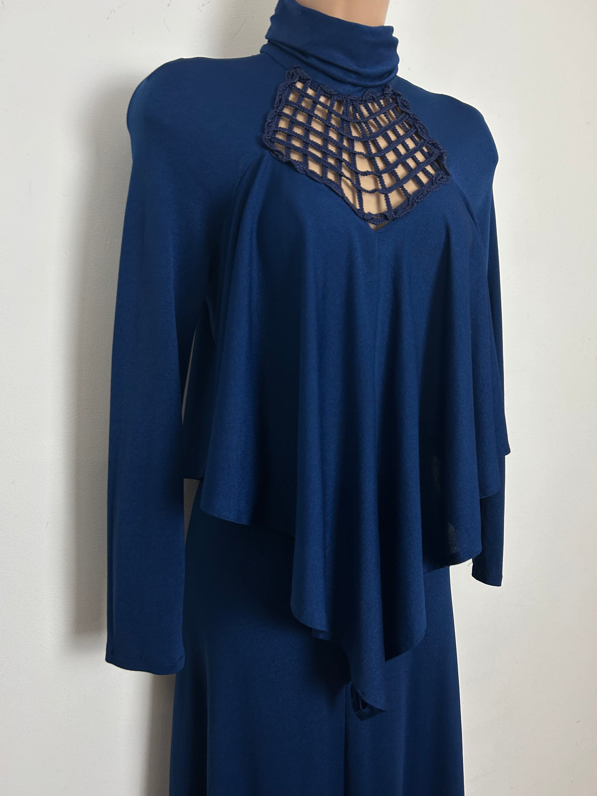 Vintage 1970s SHELANA Size 10 Navy Blue Lattice Neck Layered Long Sleeve Maxi Dress