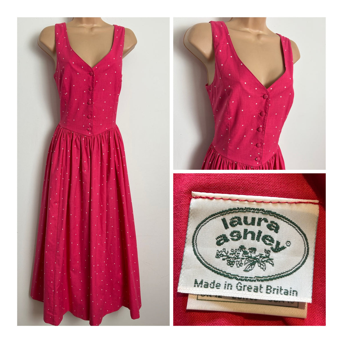 Vintage 1980s LAURA ASHLEY Size 8 (12 On Label) Hot Pink & White Polka Dot Print Cotton Midi Dress
