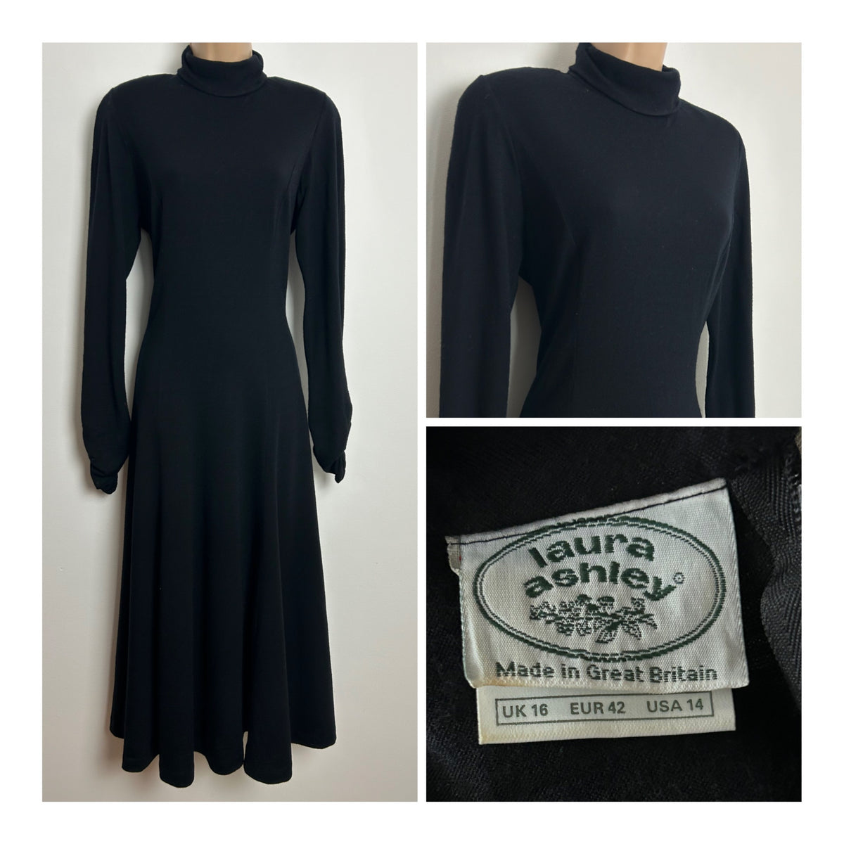 Vintage 1980s LAURA ASHLEY Size 10 Black 100% Wool Jersey Roll Neck Long Sleeve Midi Dress