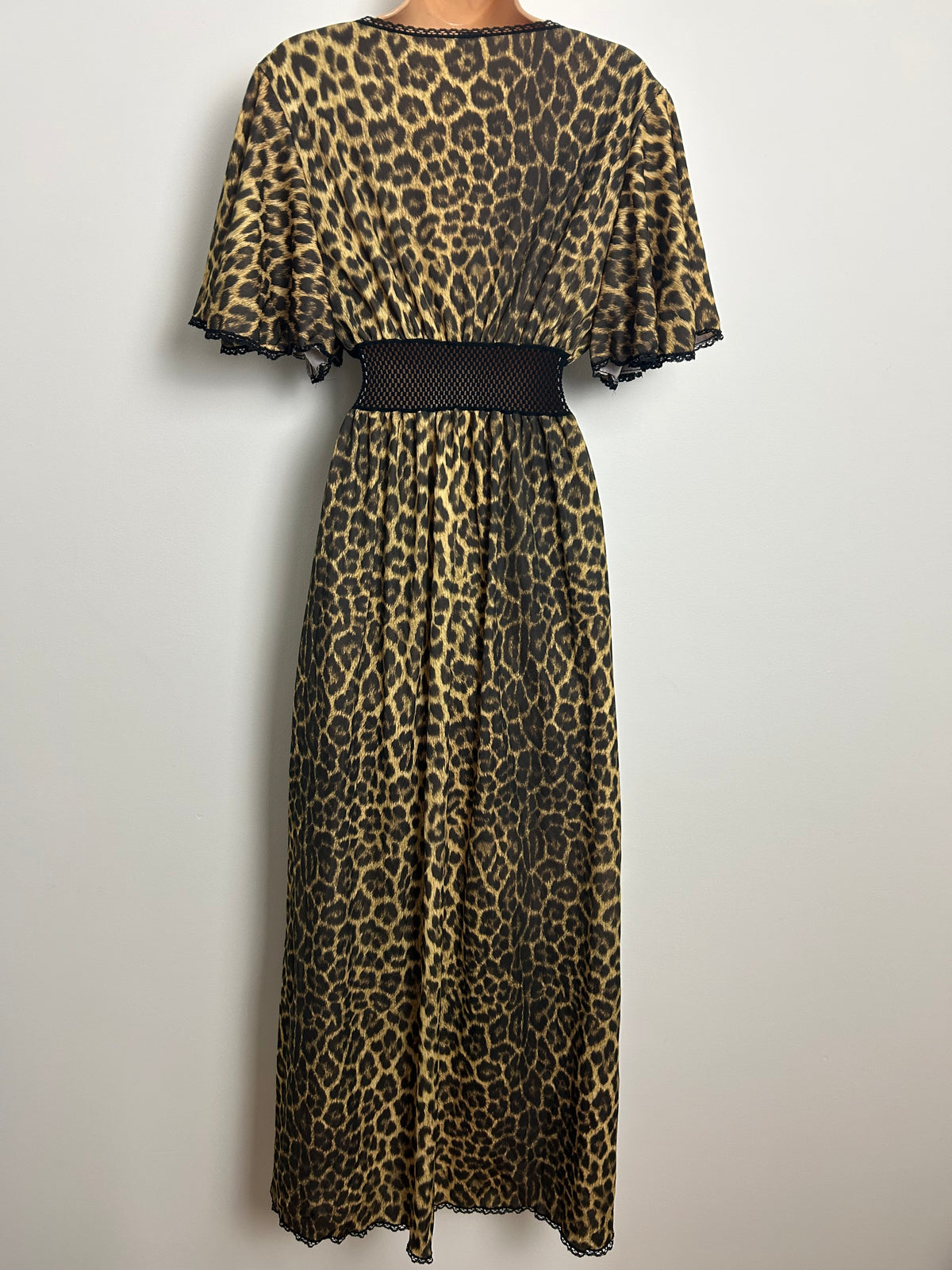 Vintage Late 1970s EUROBELLE Size 8-10 Leopard Print Flutter Sleeve Mesh Waist Panel Maxi Dress