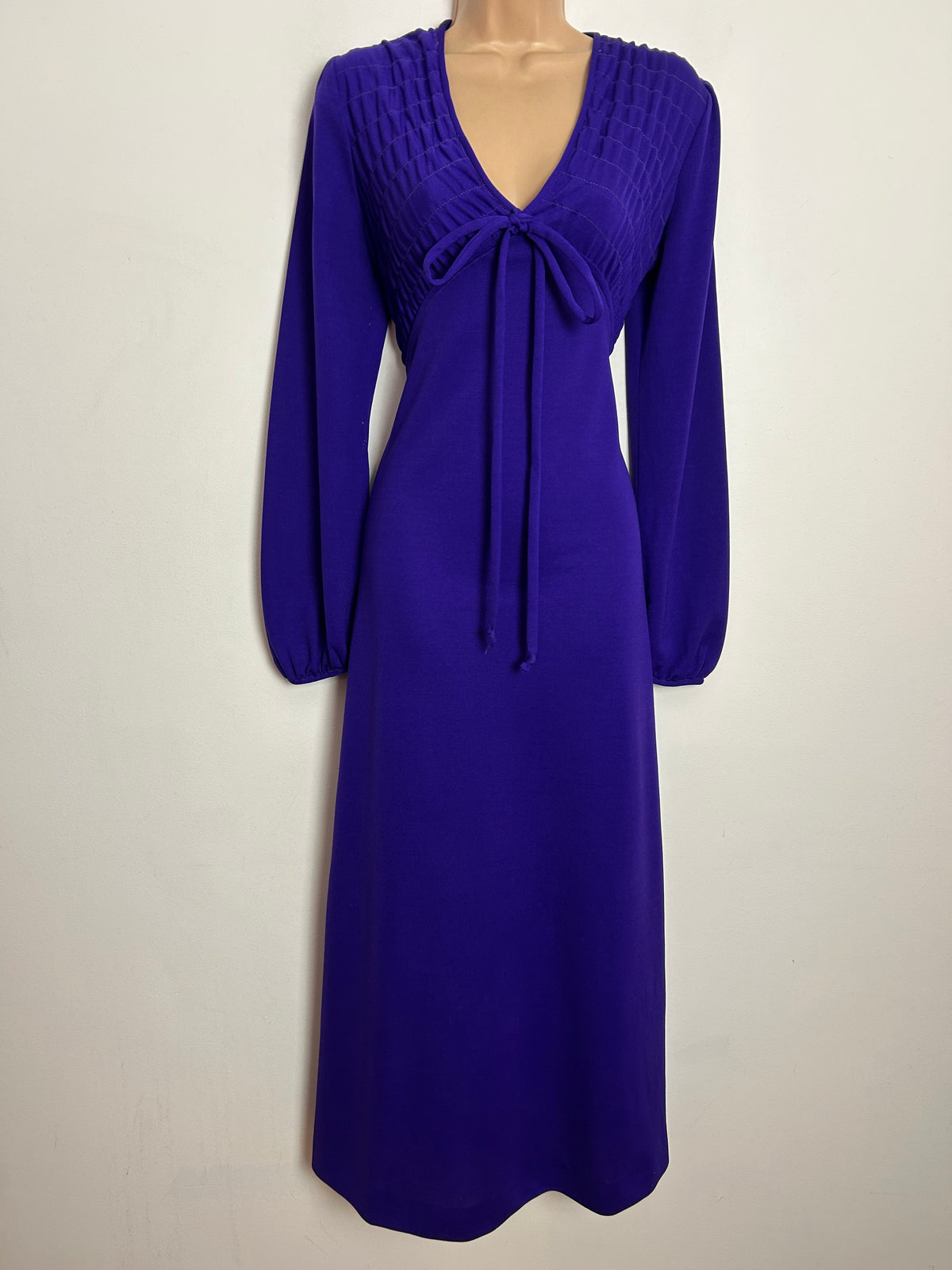 Vintage 1970s UK Size 10-12 Purple Shirred Bodice Long Sleeve Boho Maxi Dress