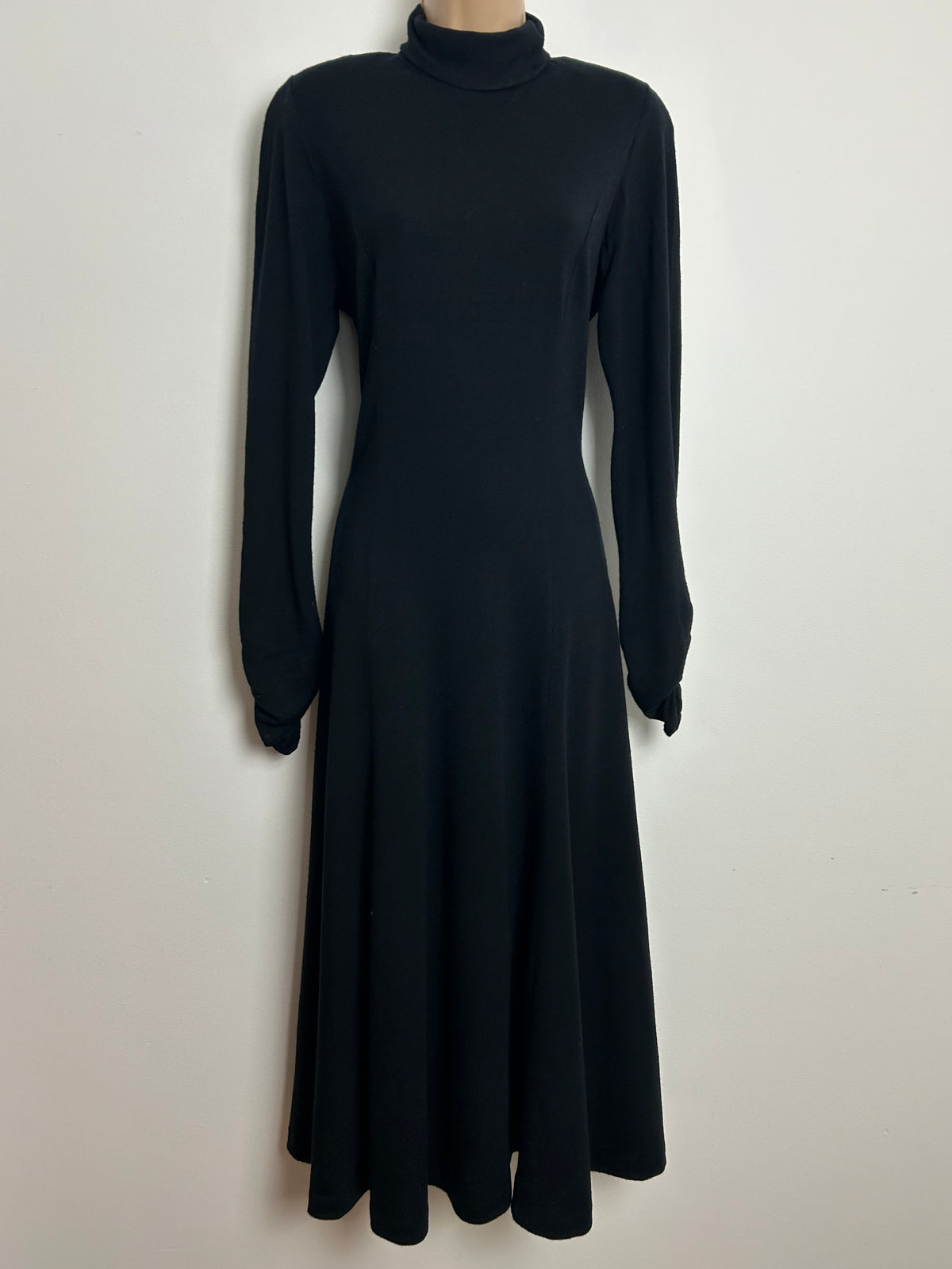 Vintage 1980s LAURA ASHLEY Size 10 Black 100% Wool Jersey Roll Neck Long Sleeve Midi Dress