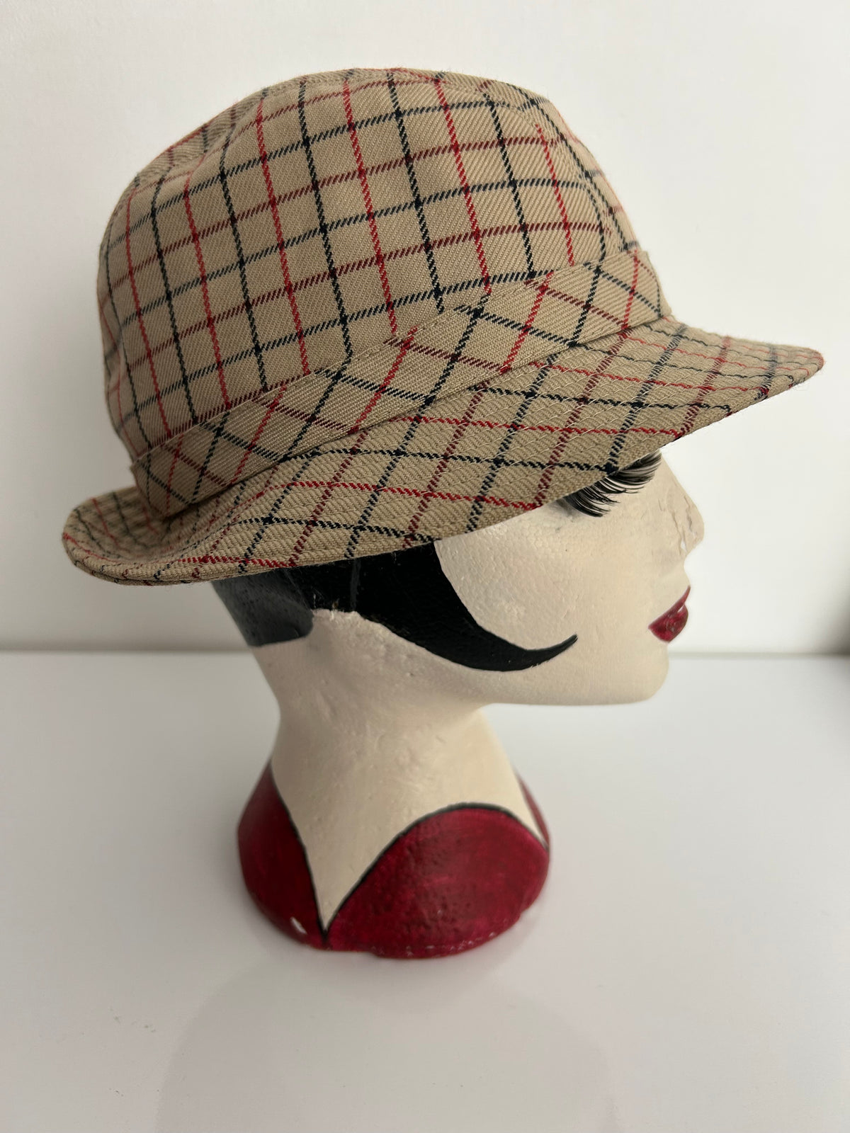 Vintage DANNIMAC Beige Red & Black Check Wool Mix Trilby Style Hat